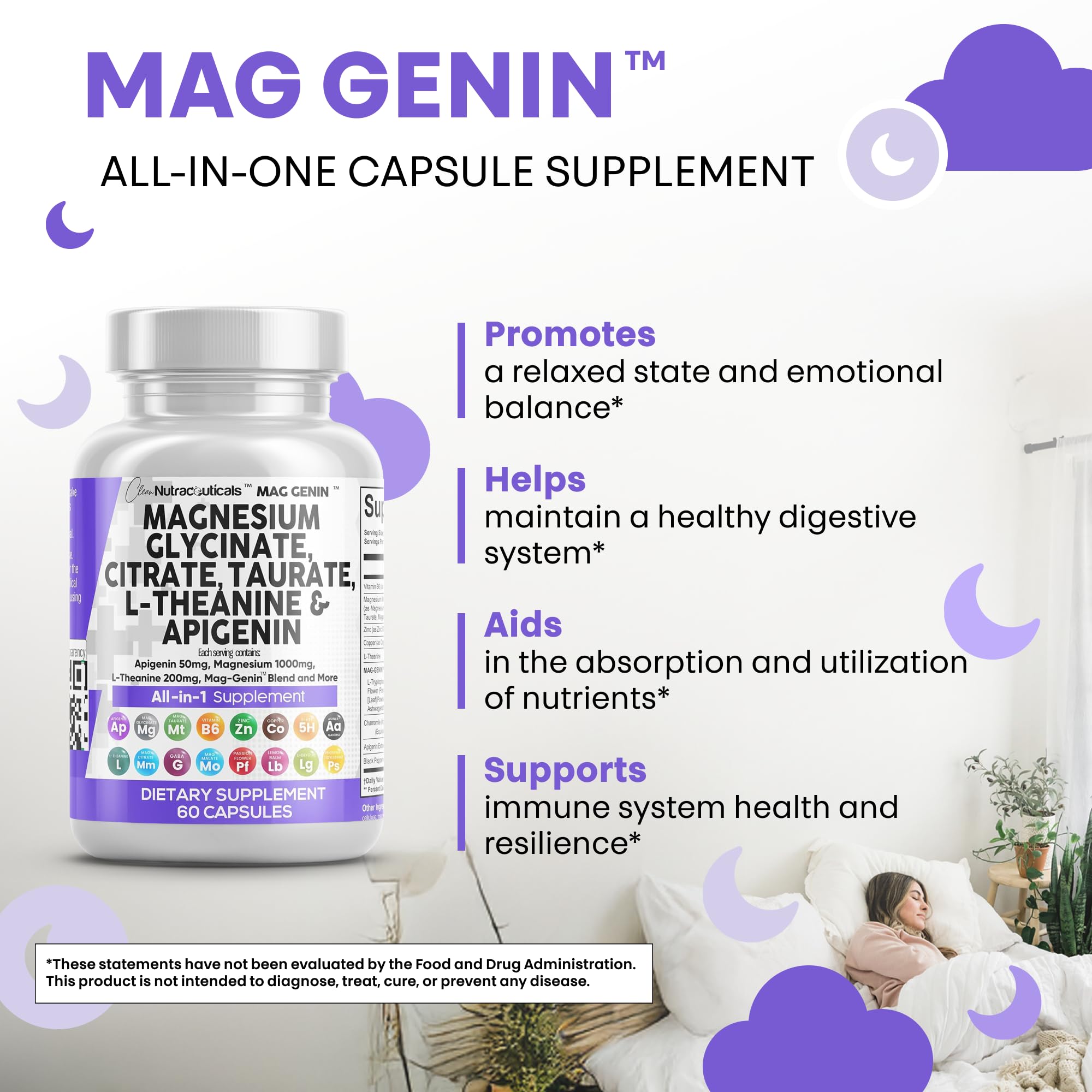 Magnesium Glycinate Complex 1000mg with L-Theanine & Apigenin – 60 Count | Clean Nutraceuticals