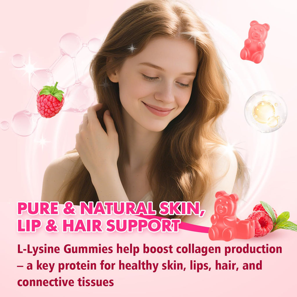 L-Lysine 1000mg Gummies for Immune Support & Skin Health – Vegan, Raspberry, 60 Gummies
