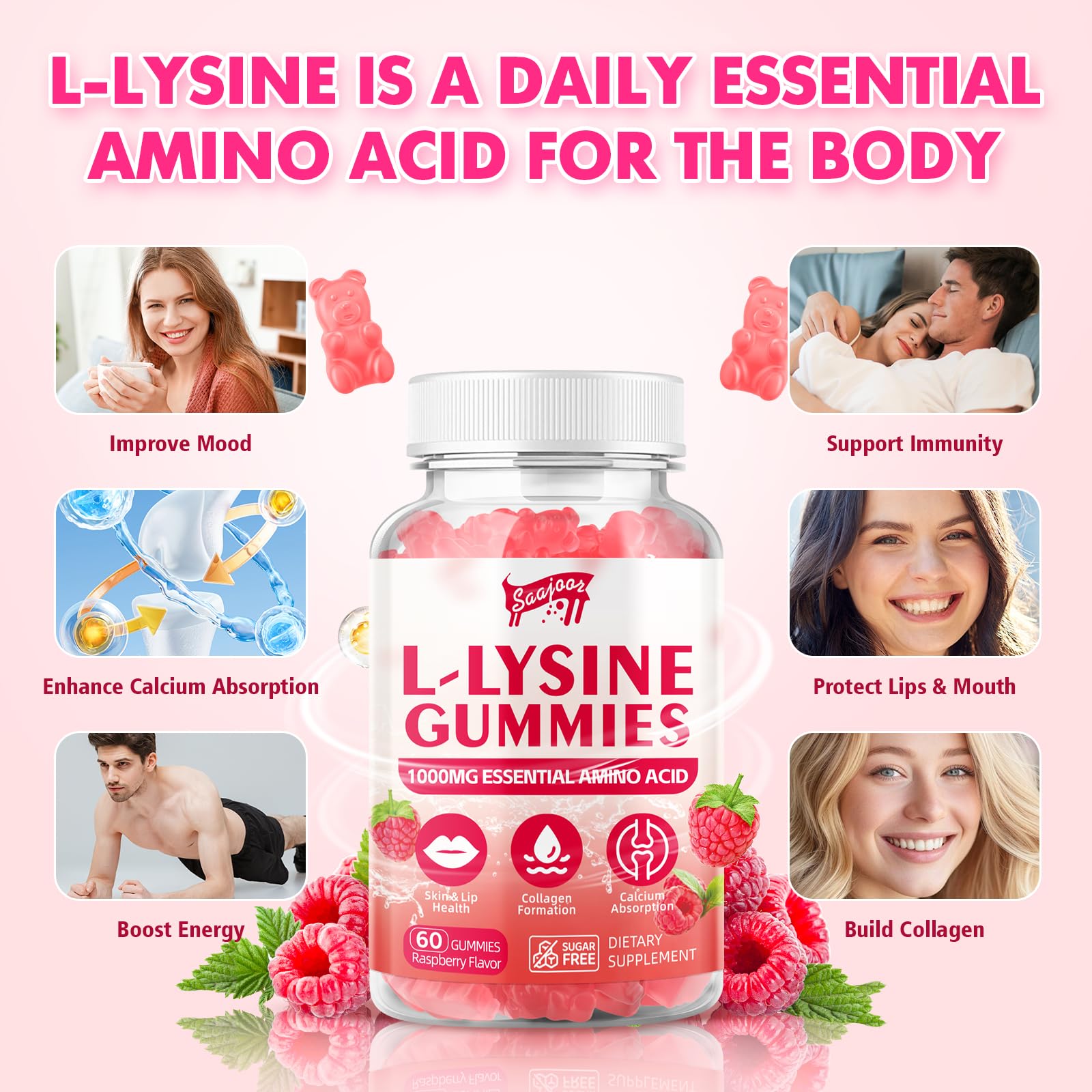L-Lysine 1000mg Gummies for Immune Support & Skin Health – Vegan, Raspberry, 60 Gummies