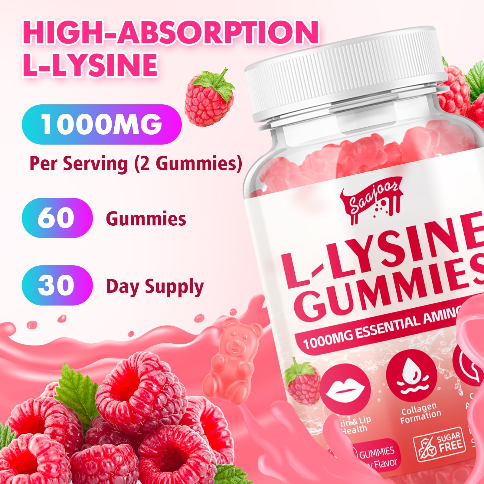 L-Lysine 1000mg Gummies for Immune Support & Skin Health – Vegan, Raspberry, 60 Gummies