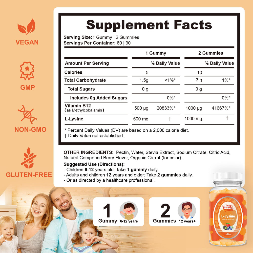 L-Lysine Gummies 1000mg – Lip & Cold Sore Support for Women, 60 Count – Vegan, Non-GMO