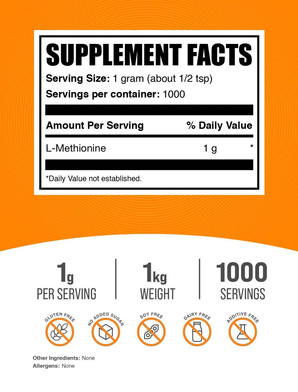 BulkSupplements.com L-Methionine Powder – Gluten Free, 1kg (2.2 lbs) | Amino Acids Supplement, 1g per Serving, Pack of 1