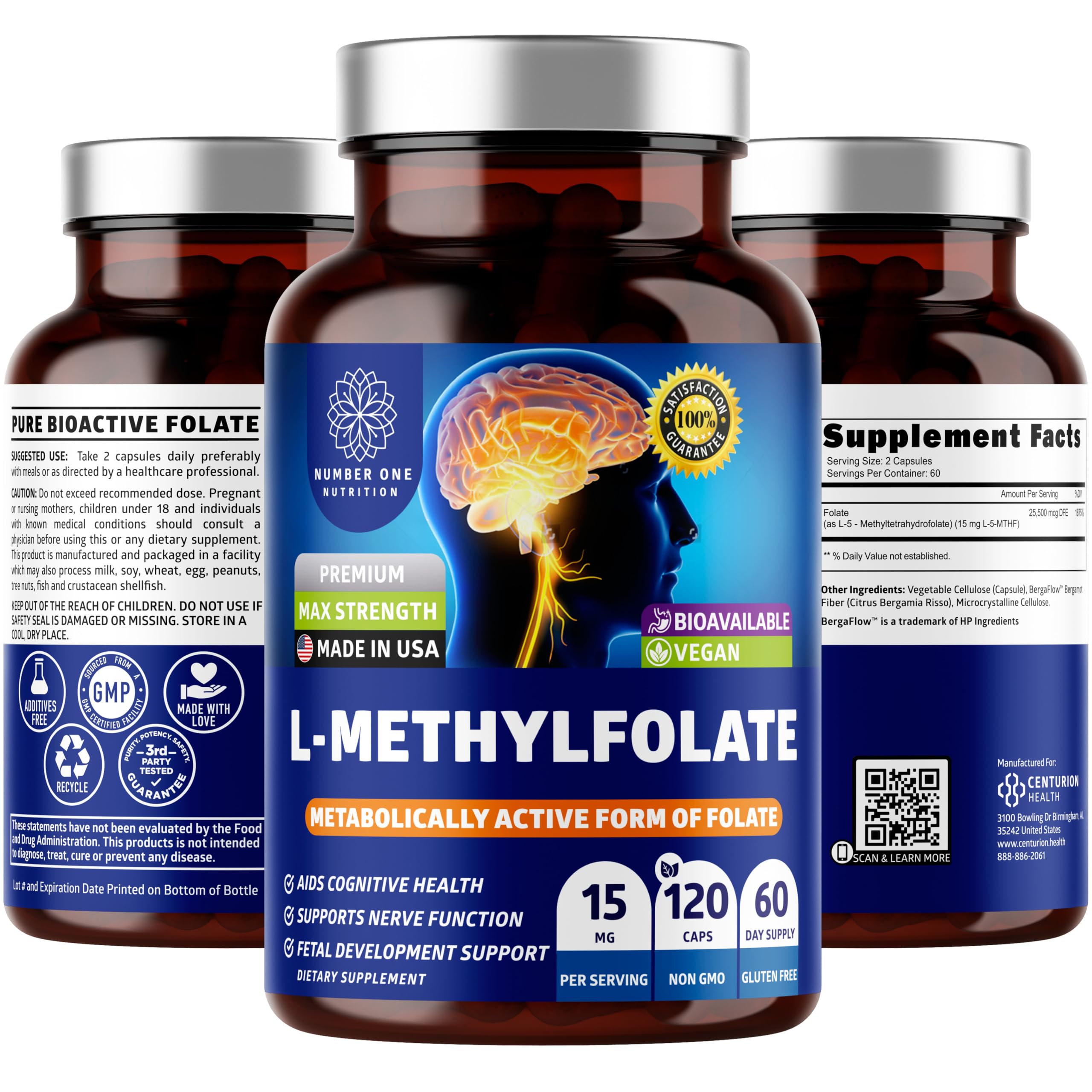 Number One Nutrition L-Methylfolate 12.75mg – Extra Strength, 120 Caps | Gluten-Free & Non-GMO