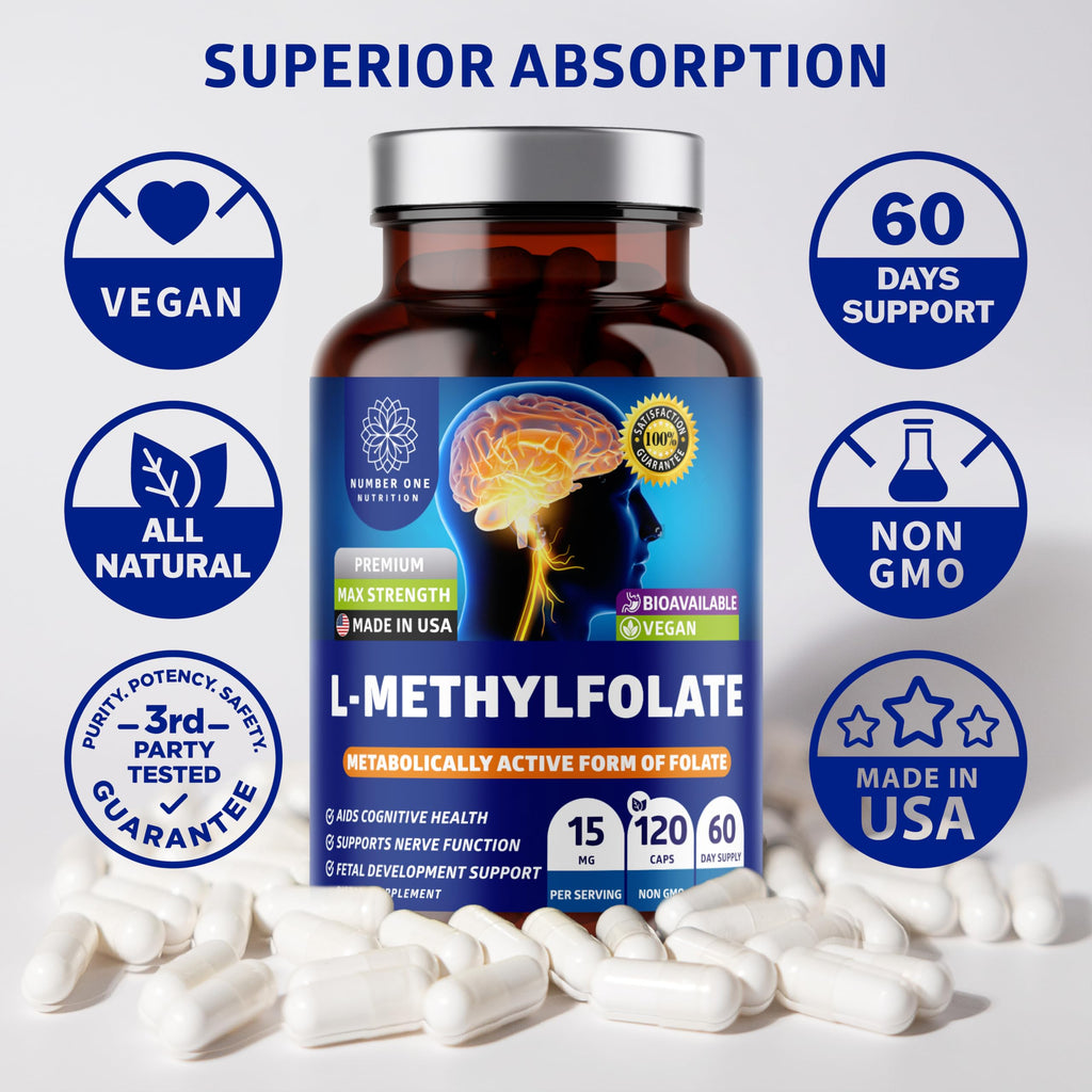 Number One Nutrition L-Methylfolate 12.75mg – Extra Strength, 120 Caps | Gluten-Free & Non-GMO