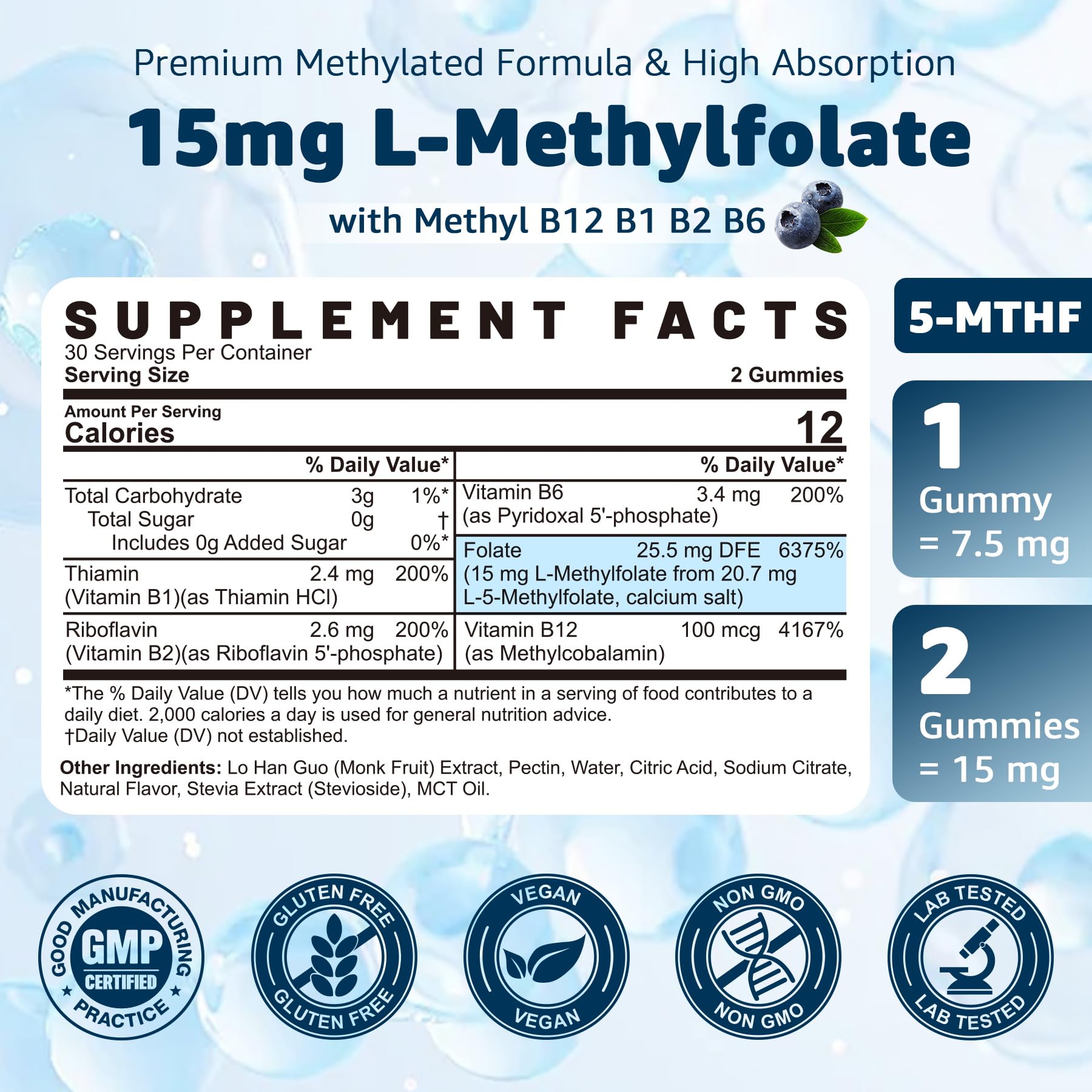 L-MethylFolate 15mg & Methyl B12 Gummies - Active 5-MTHF, Vegan, 60 Count