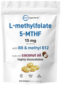L Methylfolate 15mg with B6 + Methyl B12 | 240 Softgels with Coconut Oil | 3-in-1 Active Folate & B Vitamin Complex