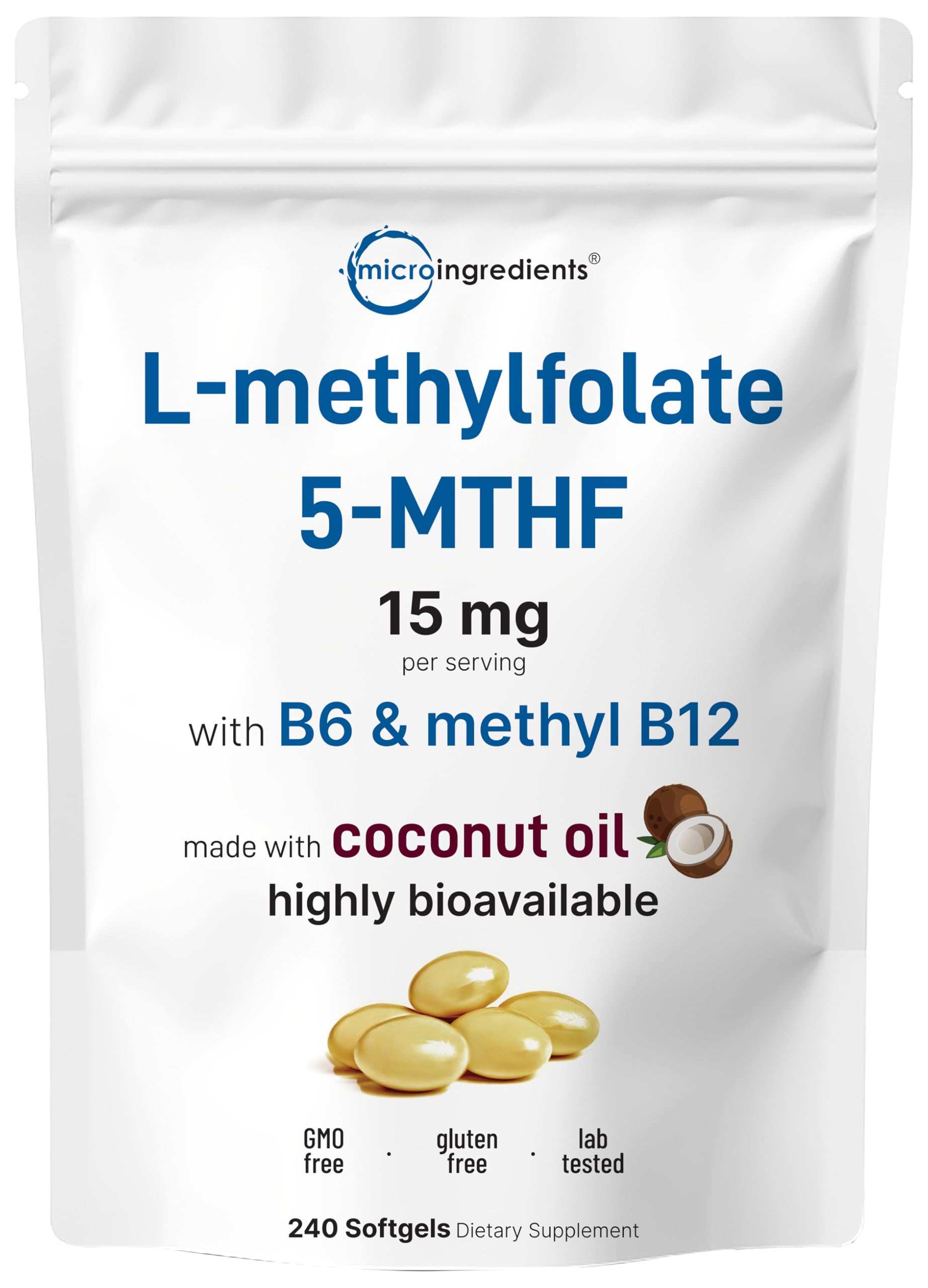 L Methylfolate 15mg with B6 + Methyl B12 | 240 Softgels with Coconut Oil | 3-in-1 Active Folate & B Vitamin Complex