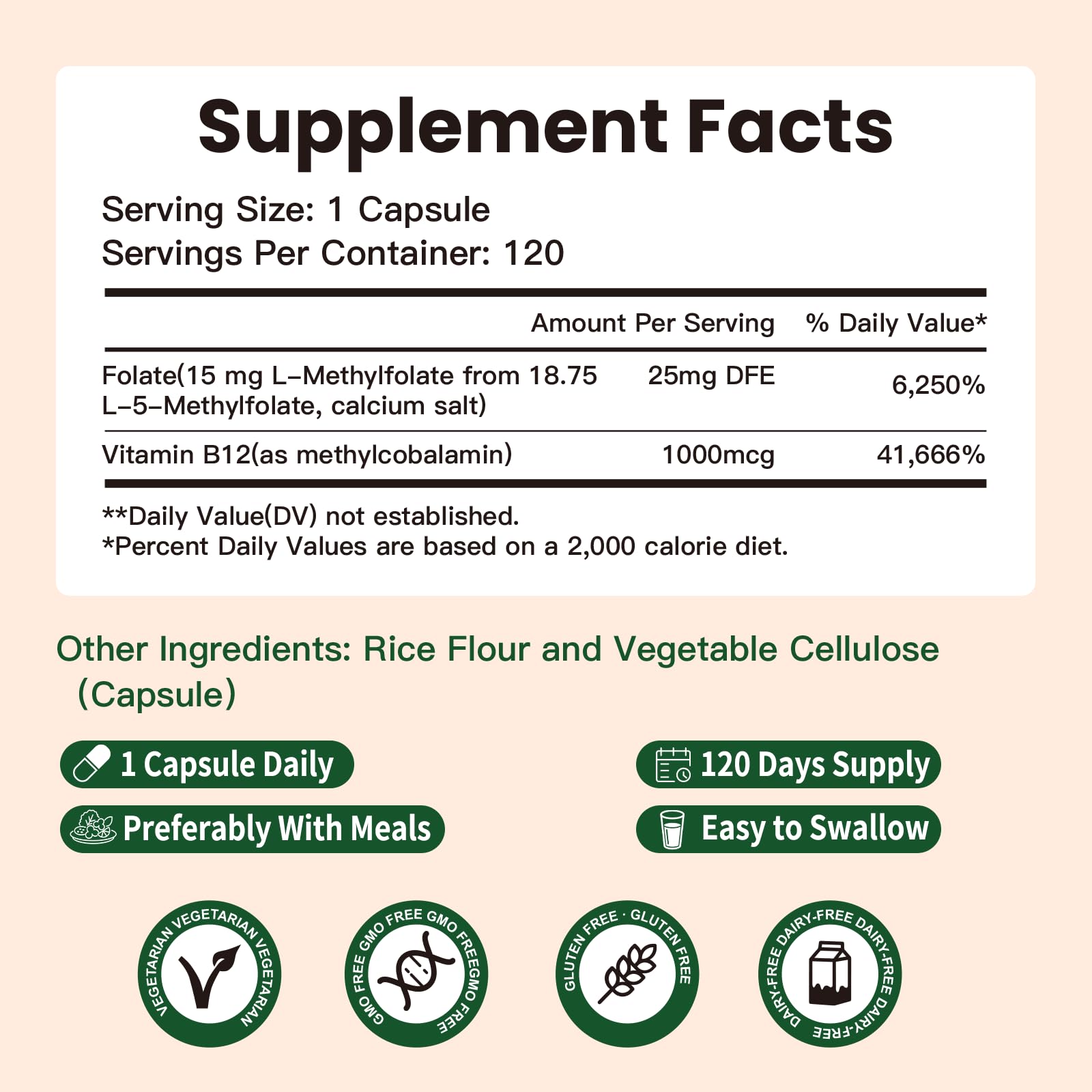 L-Methylfolate 15mg Supplement with 5-MTHF & Methyl B12 – Direct Absorption, 120 Capsules, Non-GMO, No Fillers
