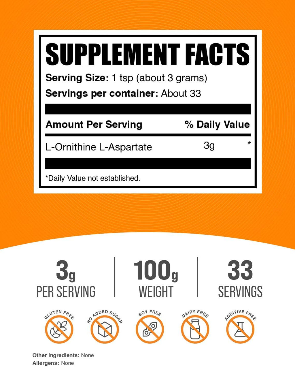 L-Ornithine L-Aspartate Powder – Gluten Free Amino Acid Supplement (3g/Serving, 100g Pack of 2)