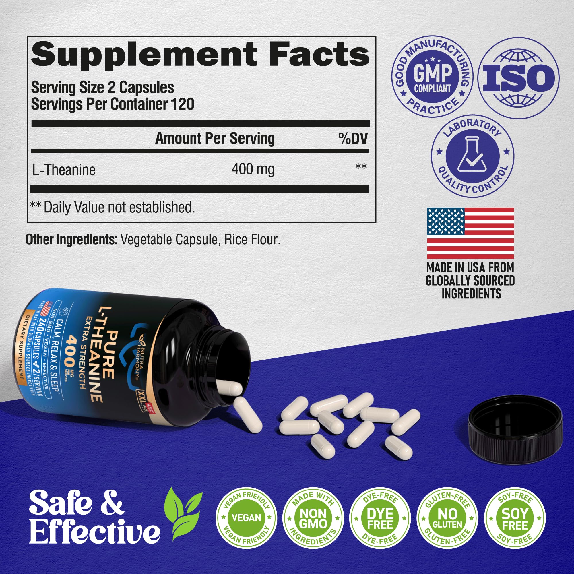 L Theanine 400 mg – Stress Relief, Relaxation & Sleep Support | Made in USA | 240 Vegan Capsules