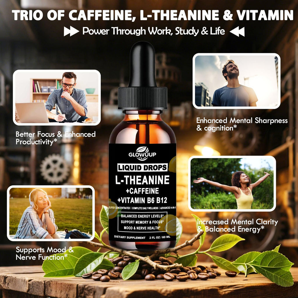 L-Theanine Caffeine Liquid Drops for Women & Men – Energy, Focus, Calm with 100mg L-Theanine, 50mg Caffeine, B12 & B6