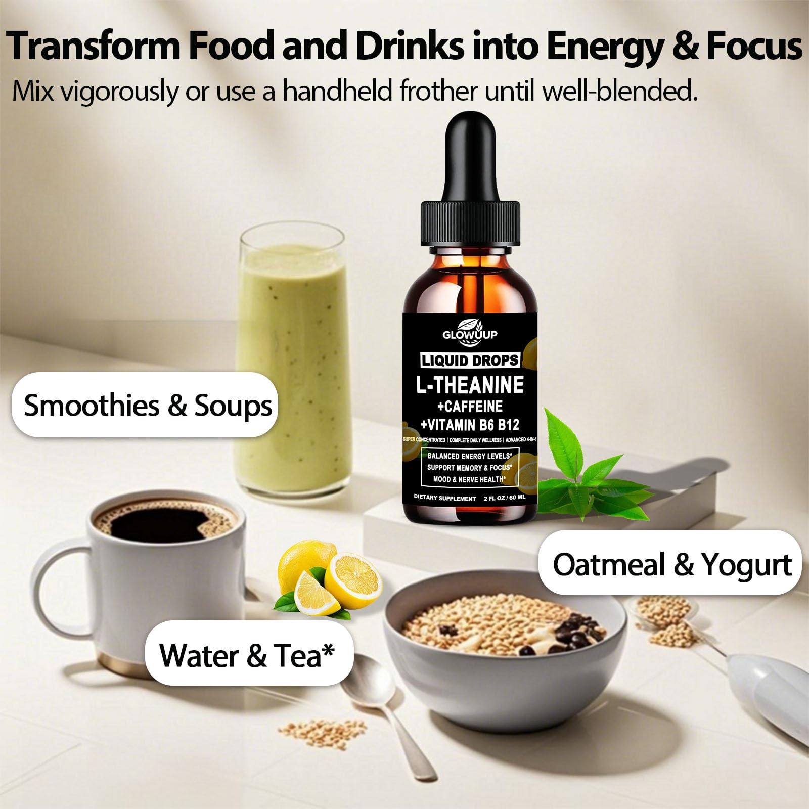 L-Theanine Caffeine Liquid Drops for Women & Men – Energy, Focus, Calm with 100mg L-Theanine, 50mg Caffeine, B12 & B6