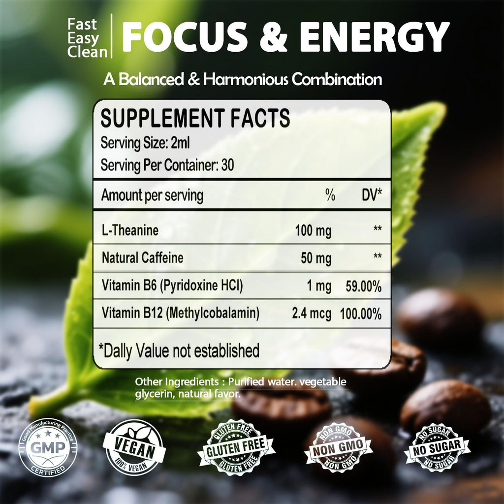 L-Theanine Caffeine Liquid Drops – High Potency 100mg L-Theanine + Caffeine, B12 & B6 | Nootropic Energy & Focus
