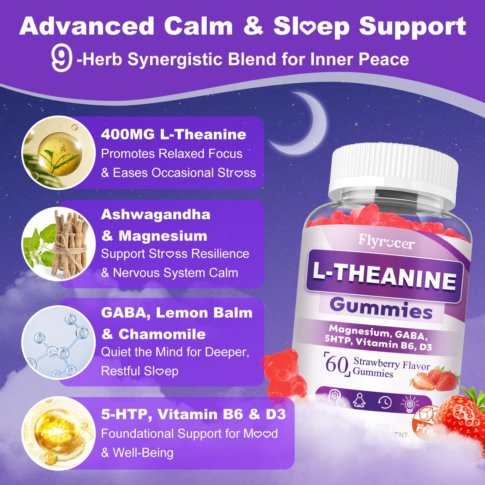 Sugar Free L-Theanine Gummies – 400mg (Ashwagandha, Magnesium, 5-HTP & GABA) – Vegan Strawberry | 60 Count