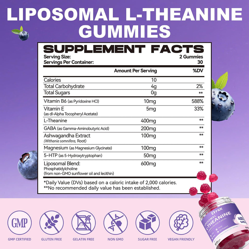 Liposomal L-Theanine Gummies with GABA - 400mg, Blueberry, 60 Count | Stress Relief & Focus