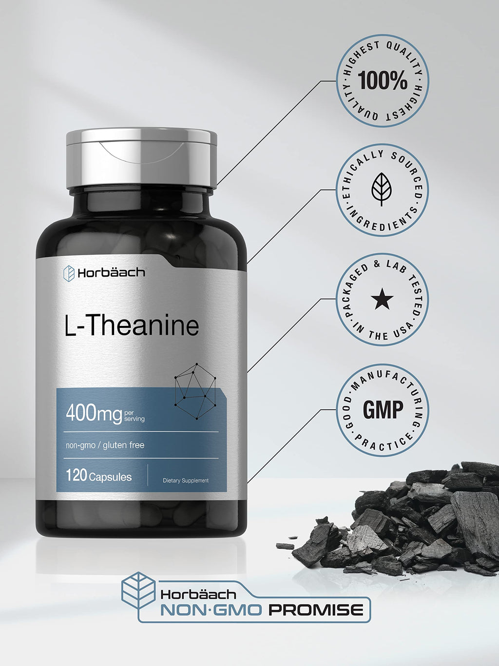 Horbäach L-Theanine Supplement | 400mg | 120 Powder Capsules | Non-GMO & Gluten Free