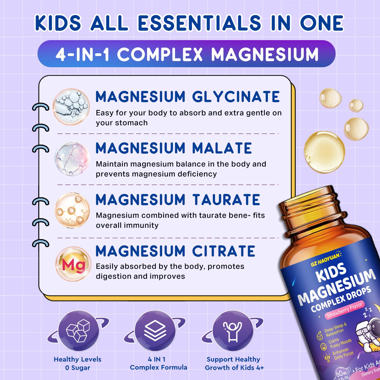 Magnesium Complex Liquid for Kids – Sleep, Calm & Focus (Strawberry, 2 fl oz)