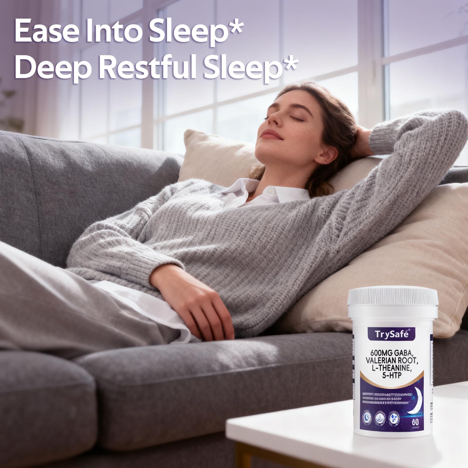 TrySafe 600mg GABA Sleep Aid with Valerian, L-Theanine & 5-HTP | 60 Capsules