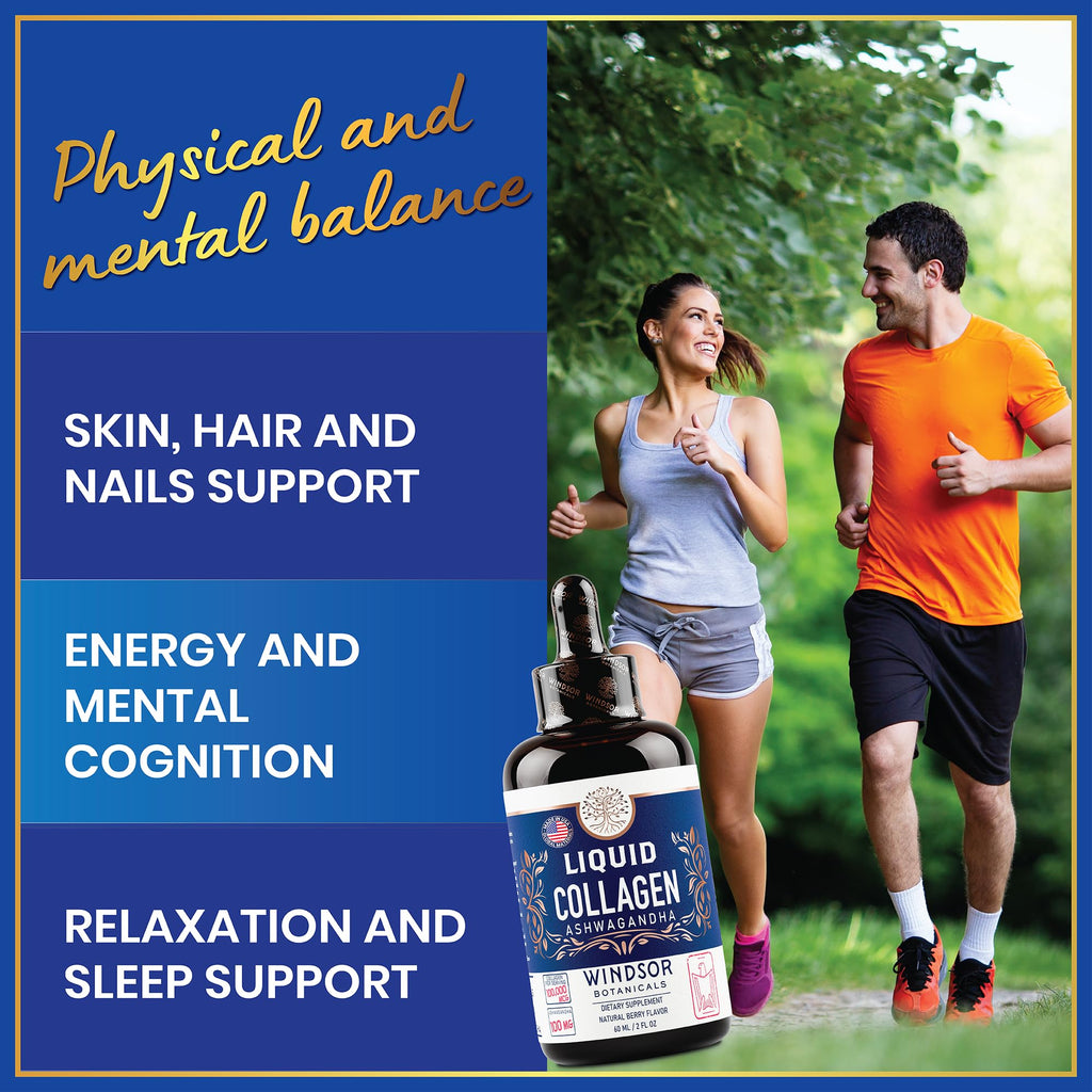 Liquid Collagen Drops with Ashwagandha & L-Theanine – 100,000 mcg, Hair, Skin & Nails, Mood & Energy – 2oz (60 Servings)