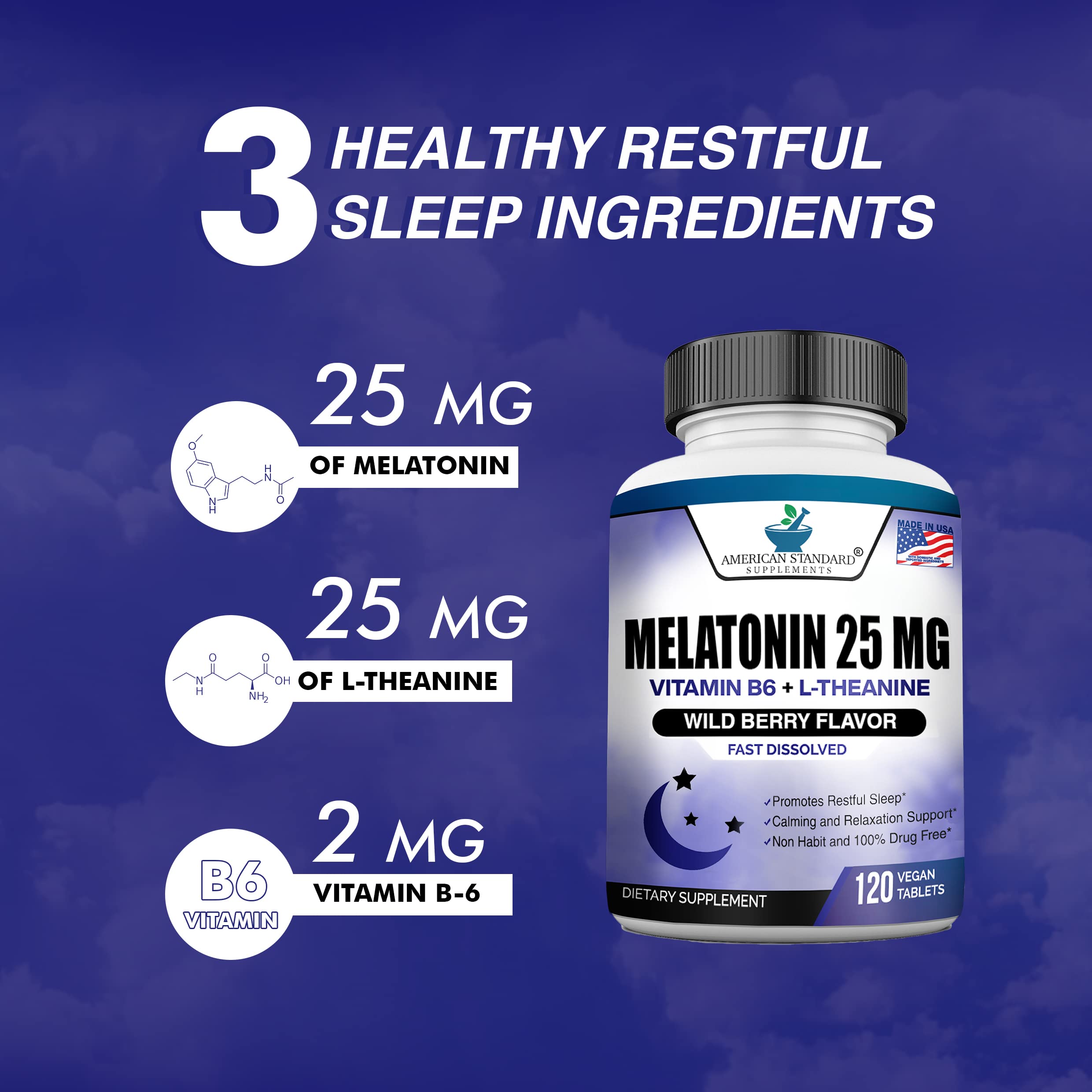 Melatonin 25mg Chewable Tablets with L-Theanine & Vitamin B-6 – 120 per Pack (Pack of 2) – Vegan, Non-GMO, Made in USA