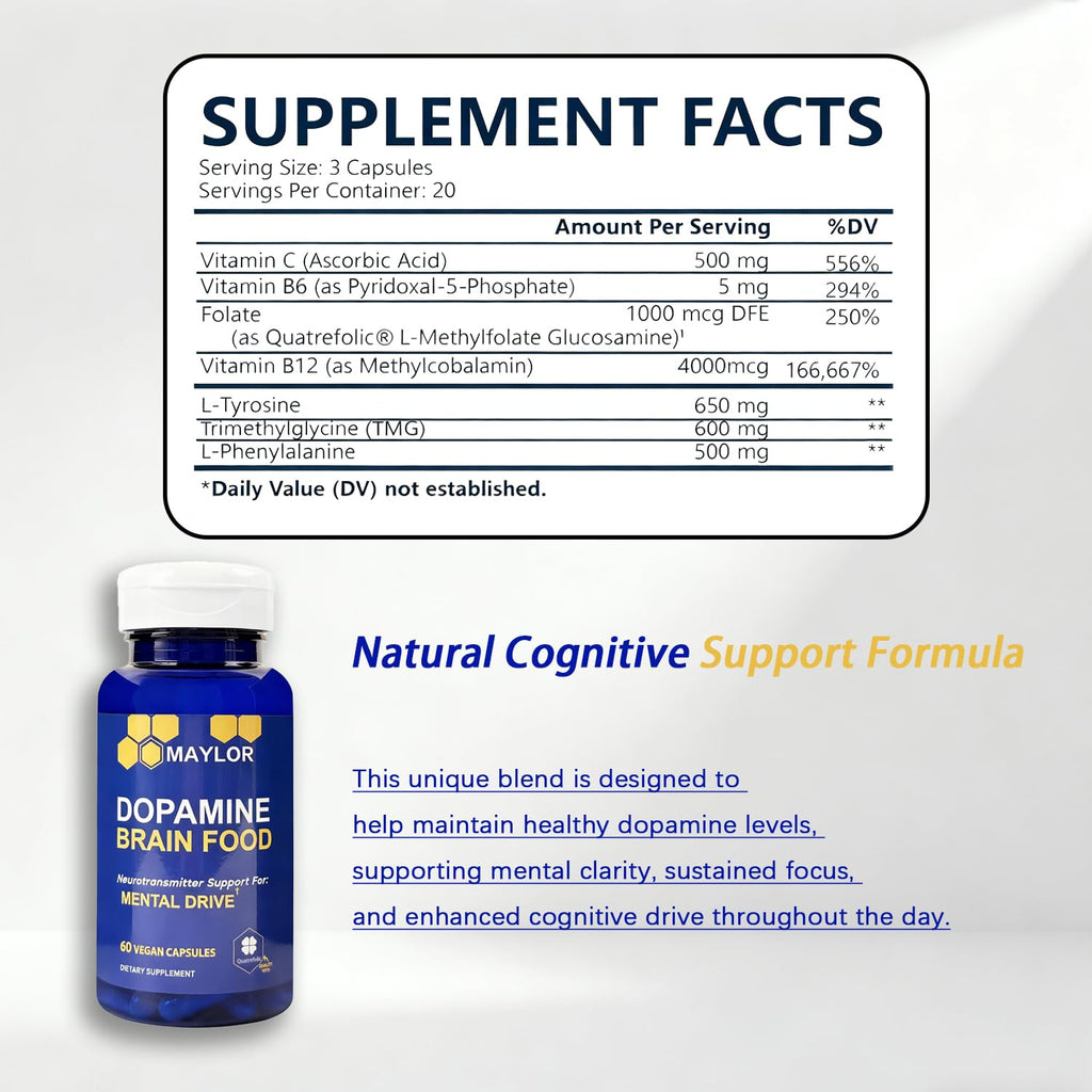 L-Tyrosine Dopamine Brain Food 650mg | Mental Energy & Focus (Vegan, 60 Count)