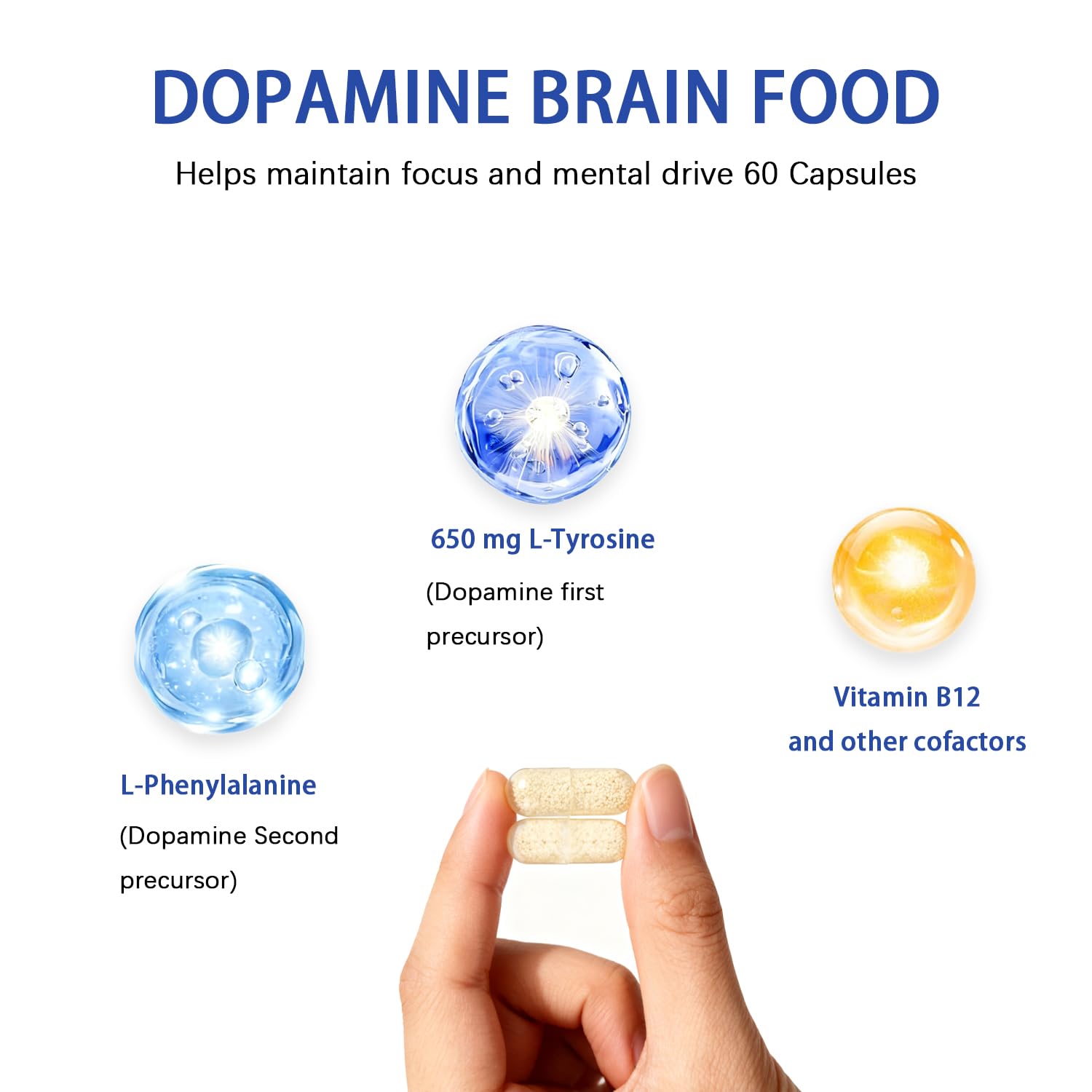 L-Tyrosine Dopamine Brain Food 650mg | Mental Energy & Focus (Vegan, 60 Count)
