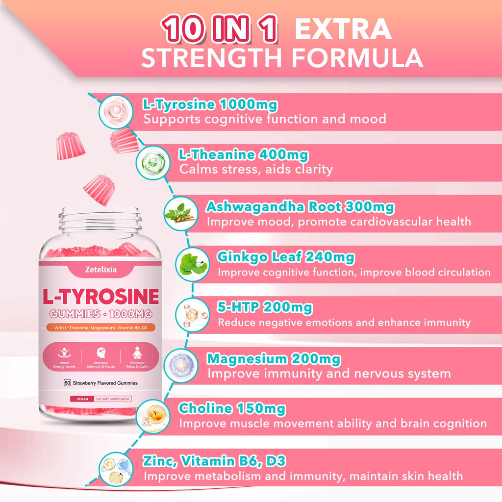 L Tyrosine Gummies 2-Pack – 10-in-1 L-Tyrosine + L-Theanine, B6 & D3 (Strawberry, 120 Ct)