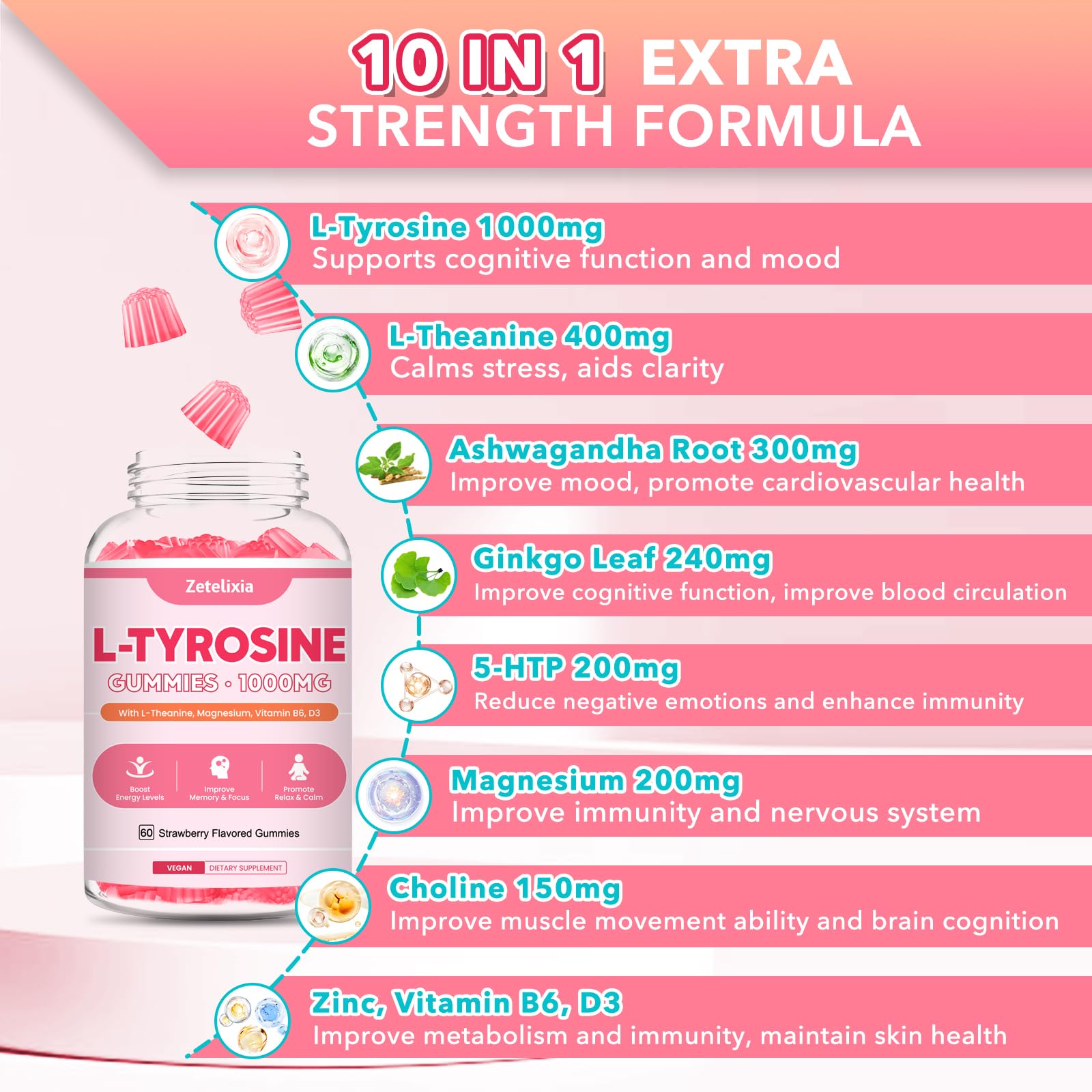 L Tyrosine Gummies 2-Pack – 10-in-1 L-Tyrosine + L-Theanine, B6 & D3 (Strawberry, 120 Ct)