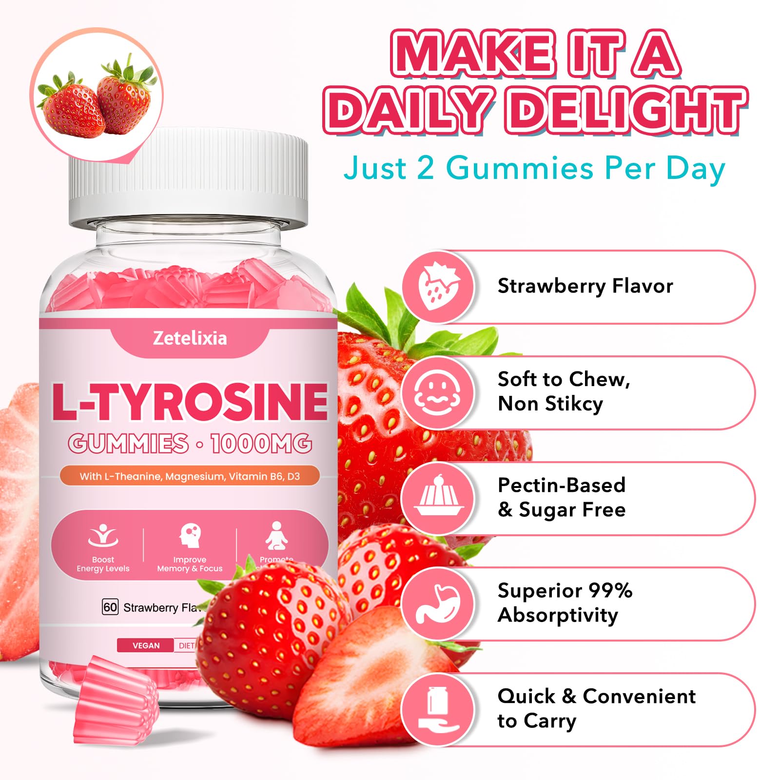 L Tyrosine Gummies 2-Pack – 10-in-1 L-Tyrosine + L-Theanine, B6 & D3 (Strawberry, 120 Ct)