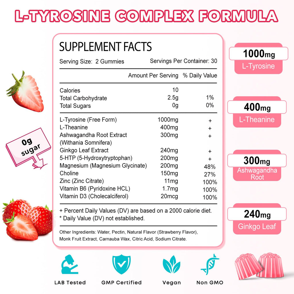 L Tyrosine Gummies 2-Pack – 10-in-1 L-Tyrosine + L-Theanine, B6 & D3 (Strawberry, 120 Ct)