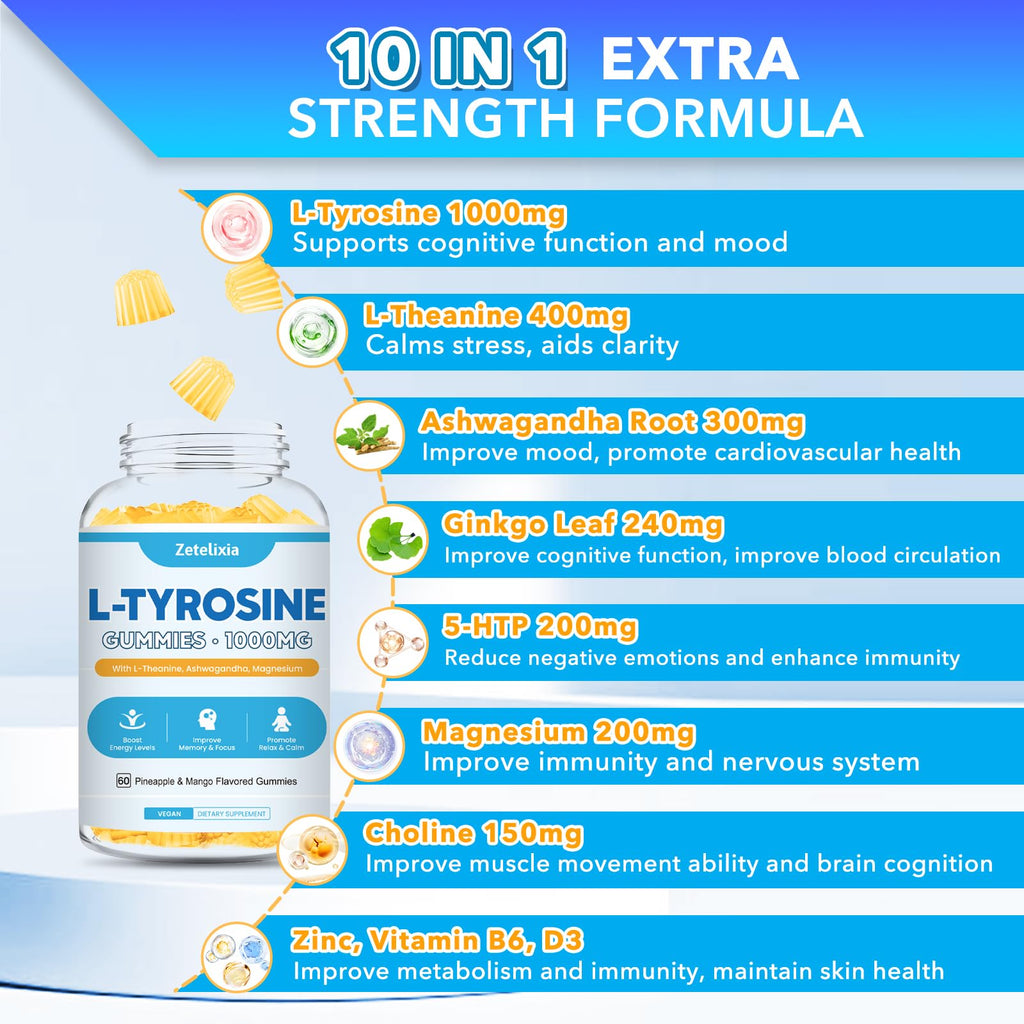 L Tyrosine Gummies 2 Pack - L-Tyrosine + L-Theanine, B6 & D3 - Pineapple Mango 120 Ct