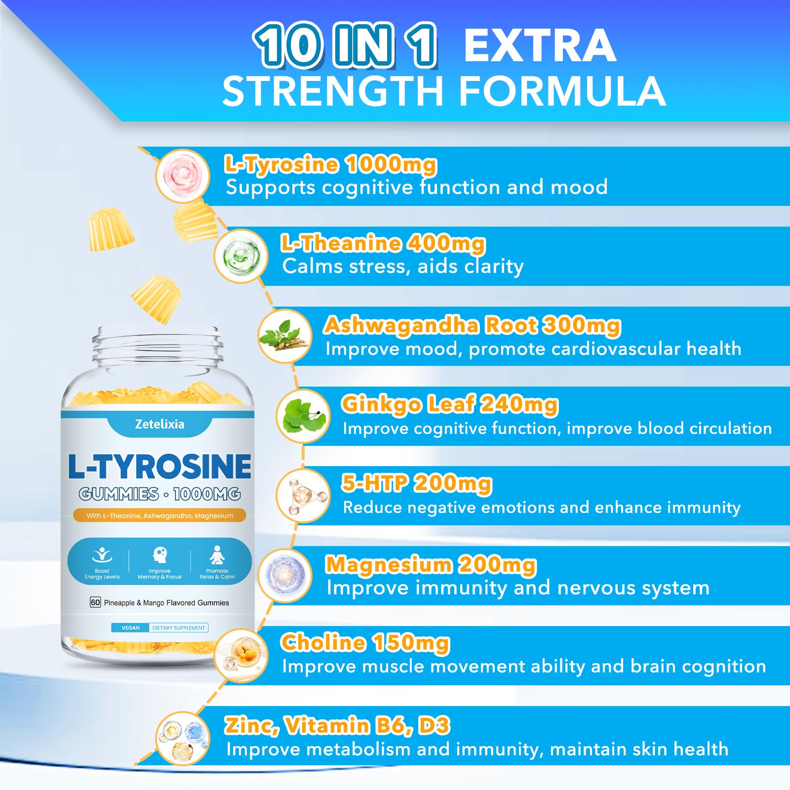 L Tyrosine Gummies 2 Pack - L-Tyrosine + L-Theanine, B6 & D3 - Pineapple Mango 120 Ct