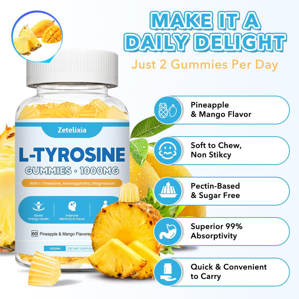 L Tyrosine Gummies 2 Pack - L-Tyrosine + L-Theanine, B6 & D3 - Pineapple Mango 120 Ct