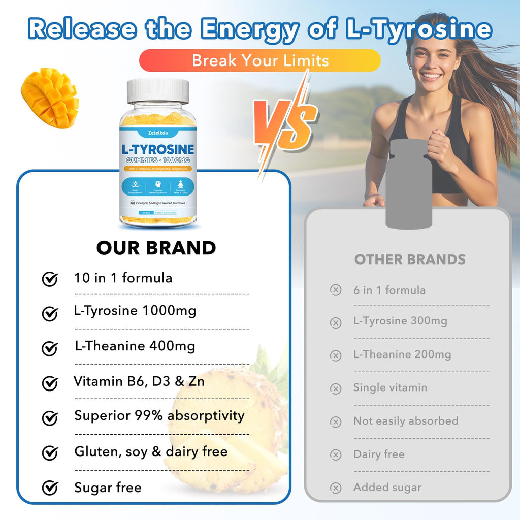 L Tyrosine Gummies 2 Pack - L-Tyrosine + L-Theanine, B6 & D3 - Pineapple Mango 120 Ct