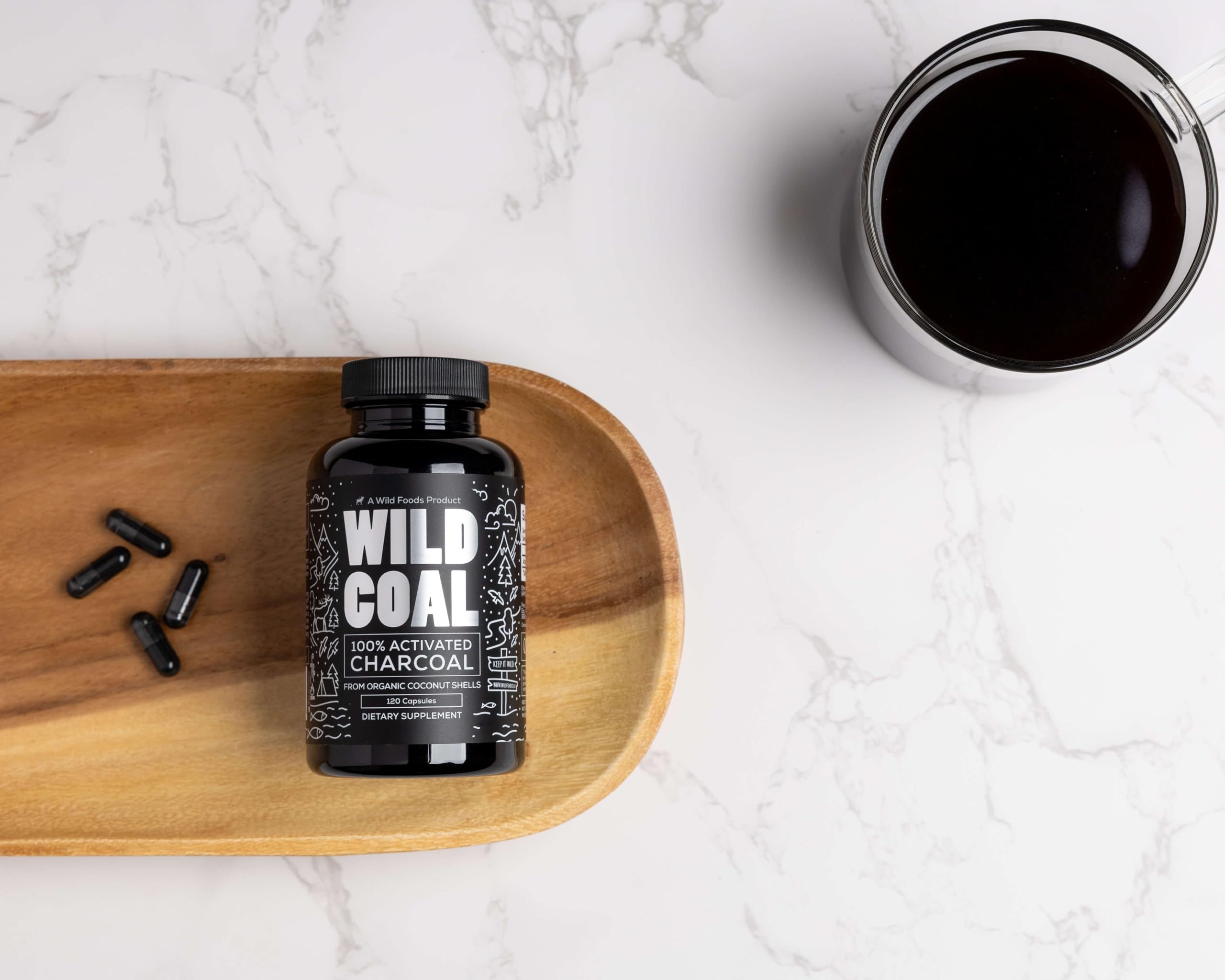 Wild Foods Activated Charcoal Capsules – 100% Organic Coconut Shells, Made in USA (120 Ct)