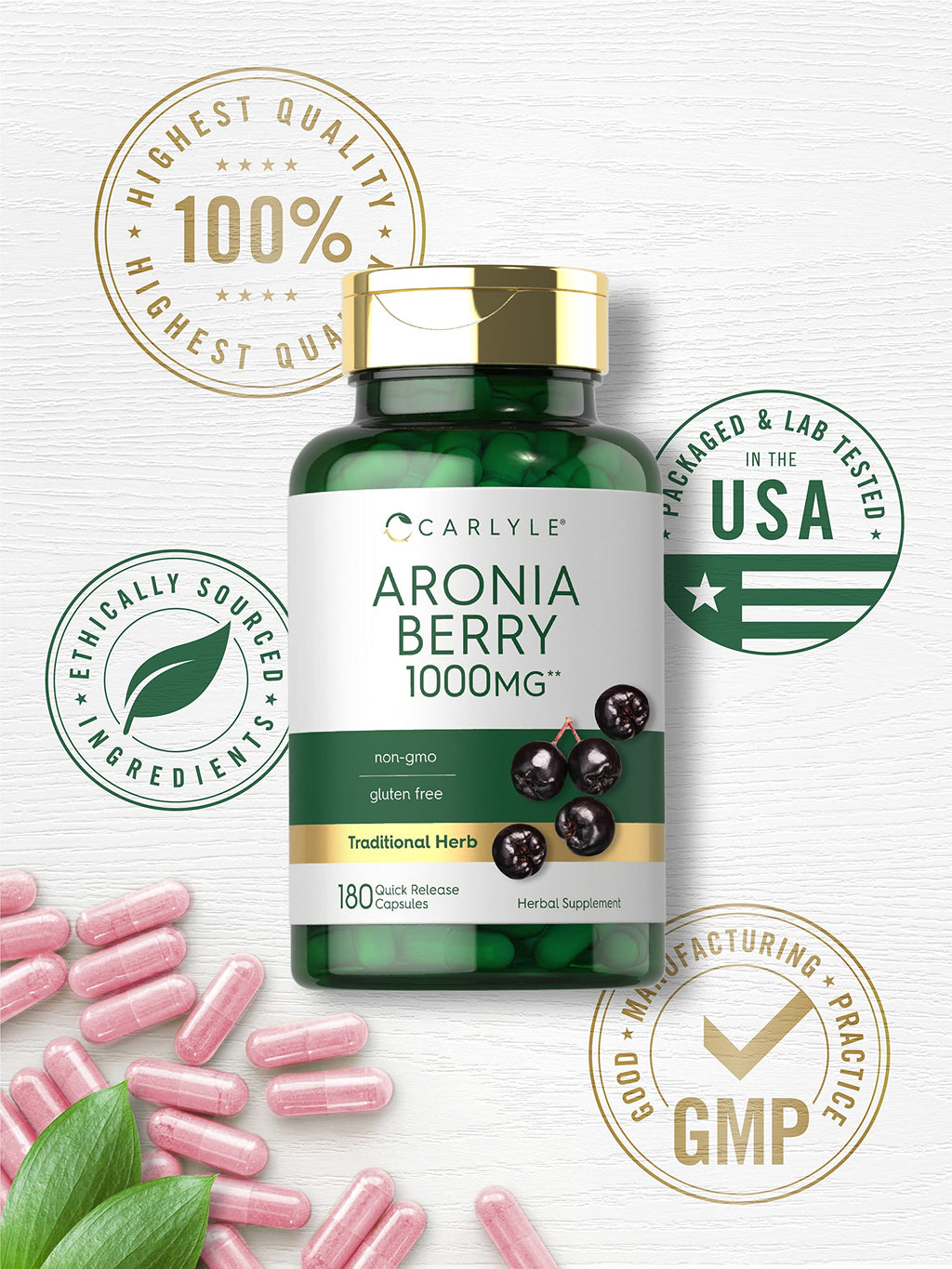 Carlyle Aronia Berry Capsules 1000mg - 180 Count | Non-GMO, Gluten Free