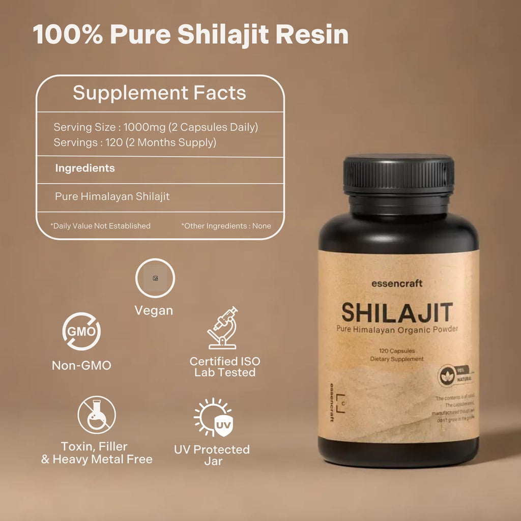 Essencraft Organic Himalayan Shilajit Resin Extract – 1000mg Max Potency, 85+ Minerals, Lab Tested, 2-Month Supply (120 Capsules)