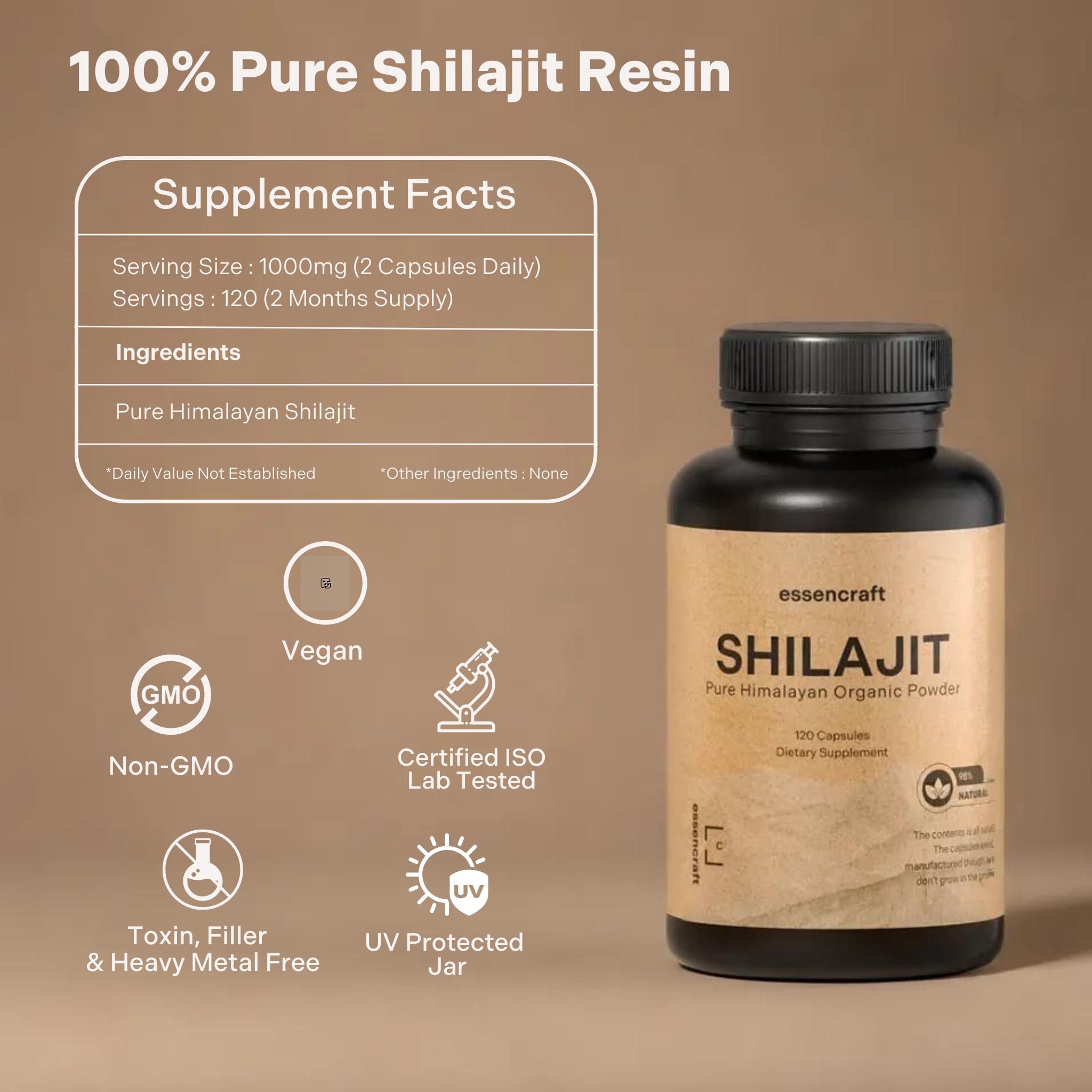 Essencraft Organic Himalayan Shilajit Resin Extract – 1000mg Max Potency, 85+ Minerals, Lab Tested, 2-Month Supply (120 Capsules)