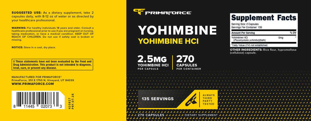 PrimaForce Yohimbine HCl 2.5mg, 270 Capsules - Premium Supplement, Boosts Performance, Zero Fillers, Non-GMO and Gluten Free