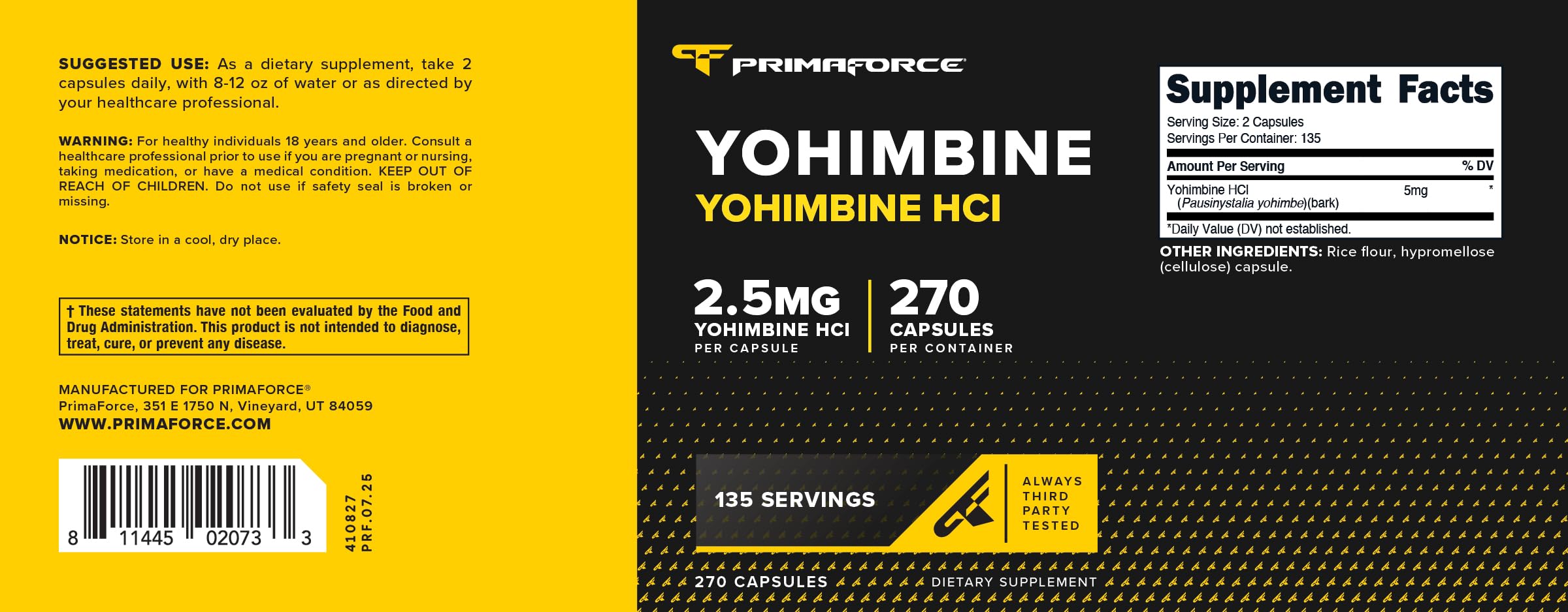 PrimaForce Yohimbine HCl 2.5mg, 270 Capsules - Premium Supplement, Boosts Performance, Zero Fillers, Non-GMO and Gluten Free