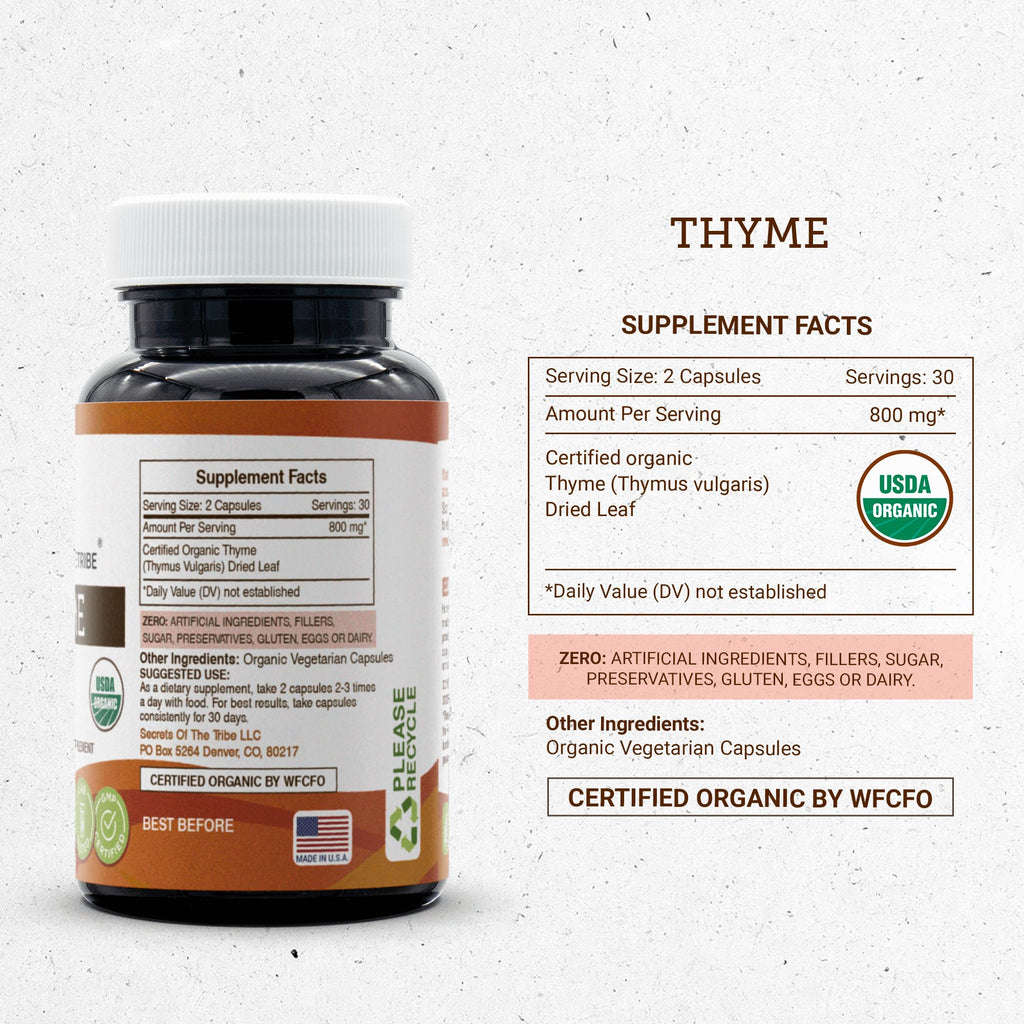 Secrets of the Tribe Thyme 60 Capsules – 800 mg, USDA Organic Thyme (Thymus Vulgaris) Dried Leaf