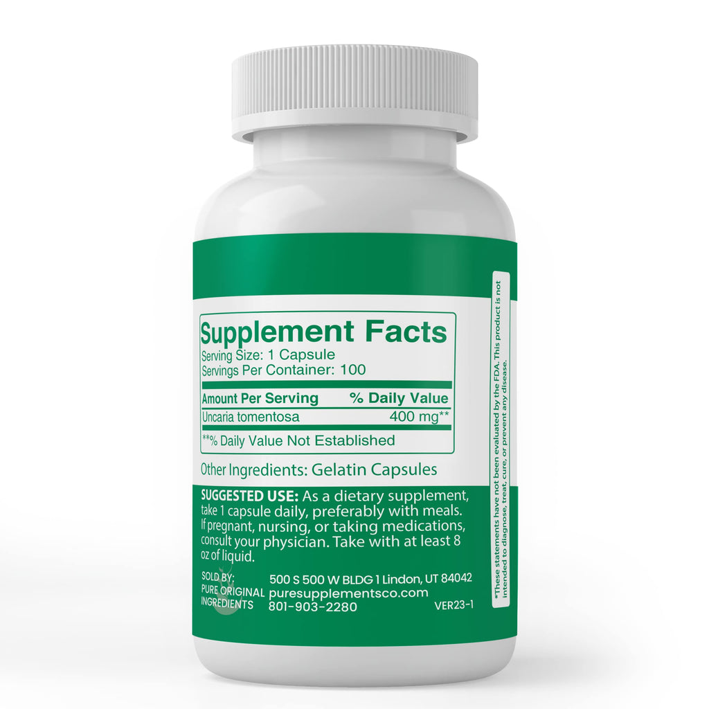 Pure Cat's Claw Bark Capsules – 100 Count, Additive-Free & Lab Verified