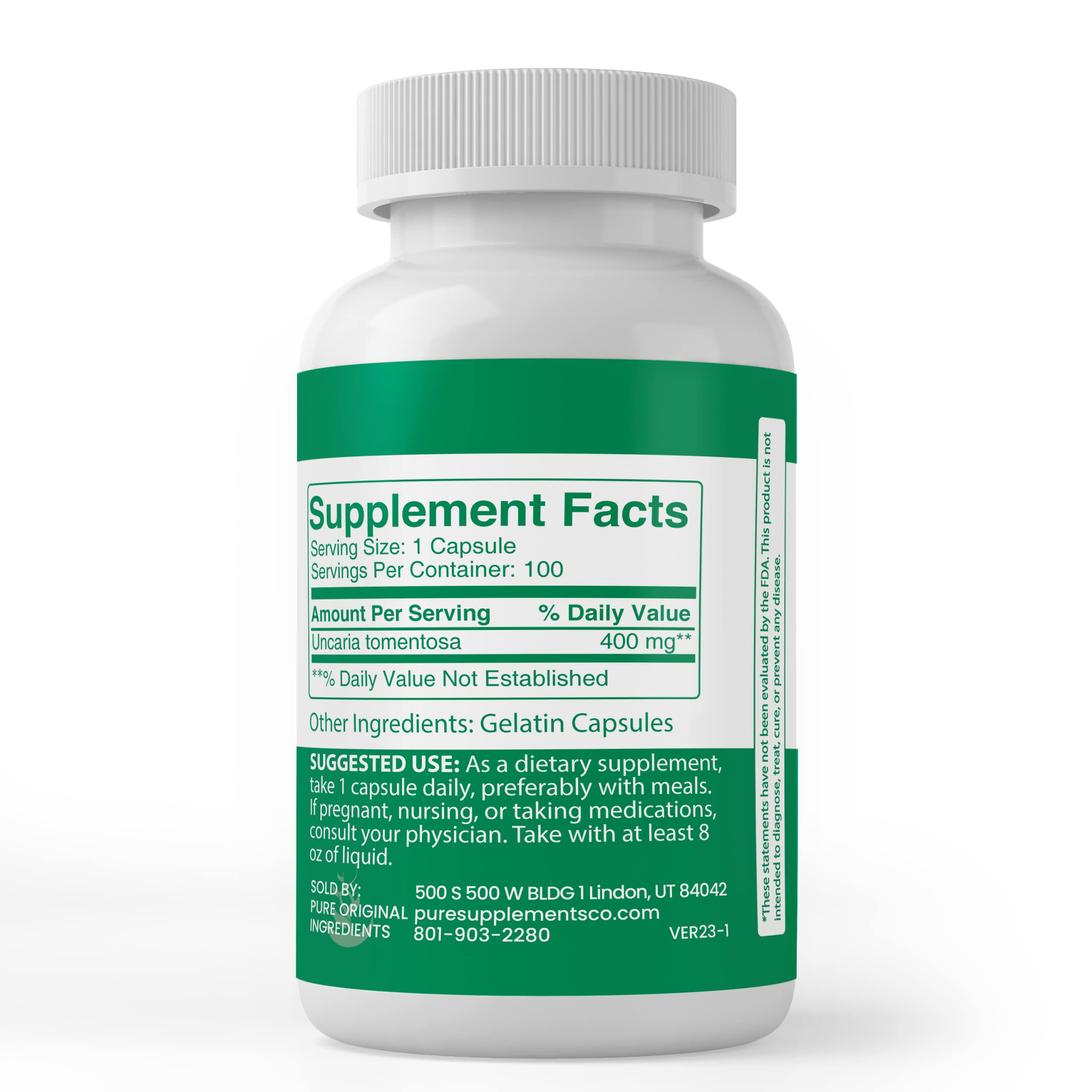 Pure Cat's Claw Bark Capsules – 100 Count, Additive-Free & Lab Verified
