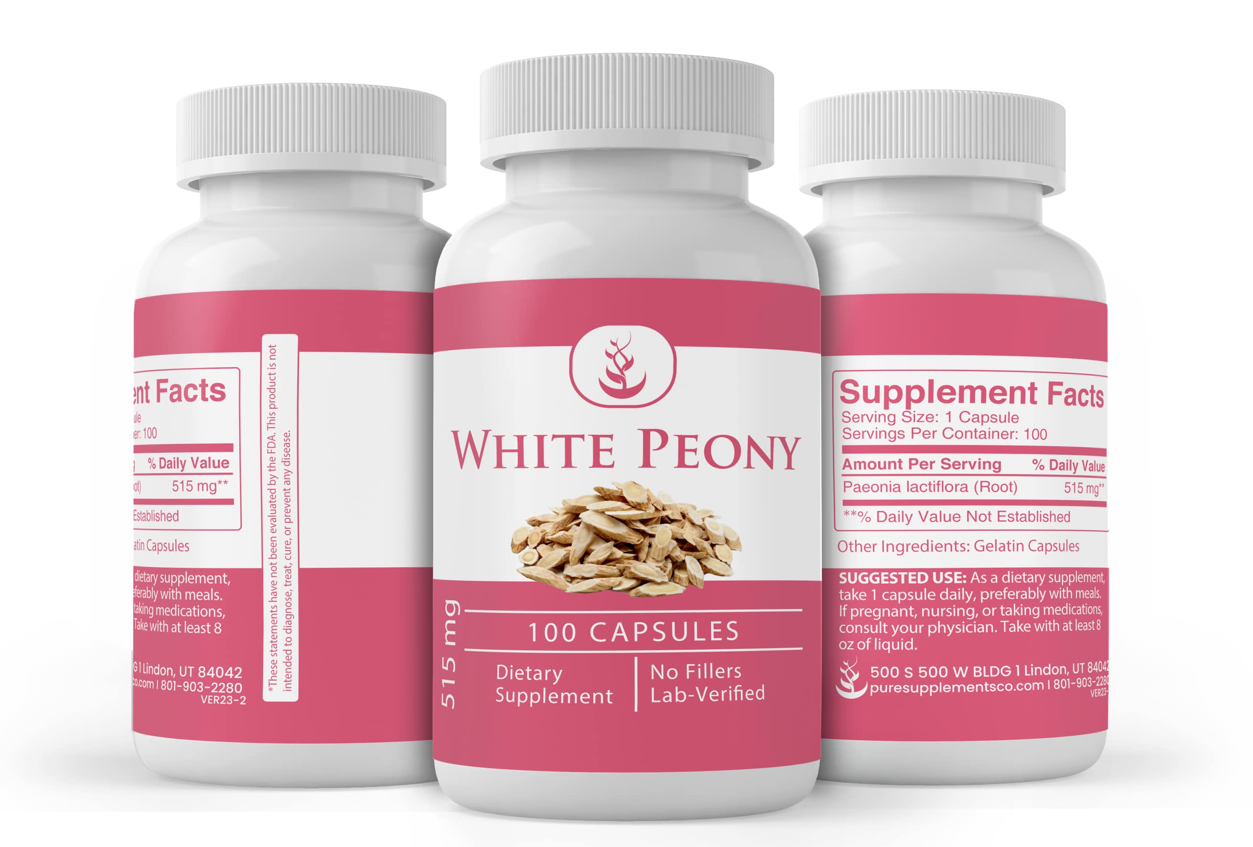 PURE ORIGINAL INGREDIENTS White Peony Capsules – 100 Count, Lab Verified