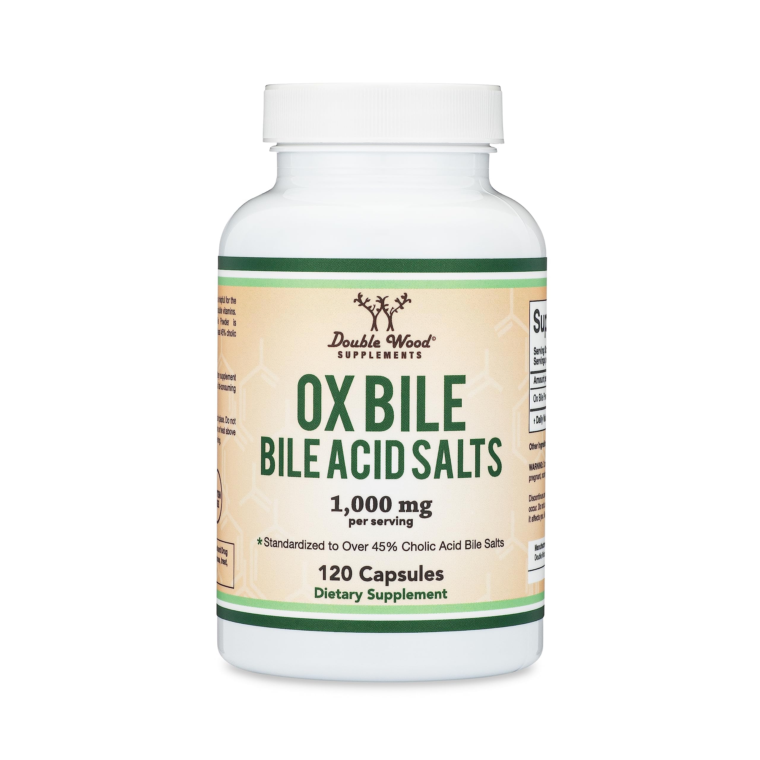 Ox Bile Supplement for No Gallbladder – 1,000mg Per Serving, 500mg per Capsule, 120 Capsules – 45% Cholic Acid Bile Salts | Double Wood