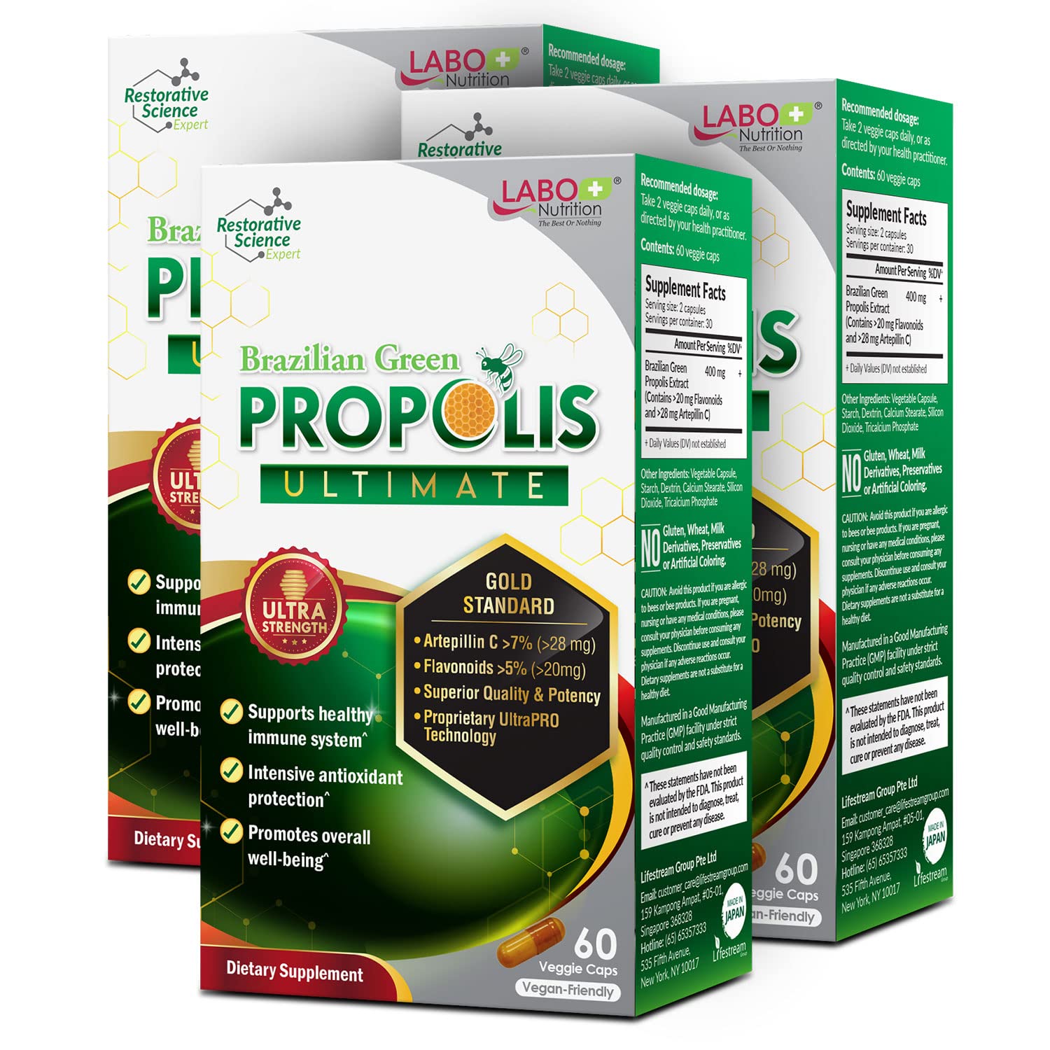 LABO Nutrition Brazilian Green Propolis Ultimate – 28 mg Artepillin C, 20 mg Flavonoids, 60 Veg Caps (three-pack)