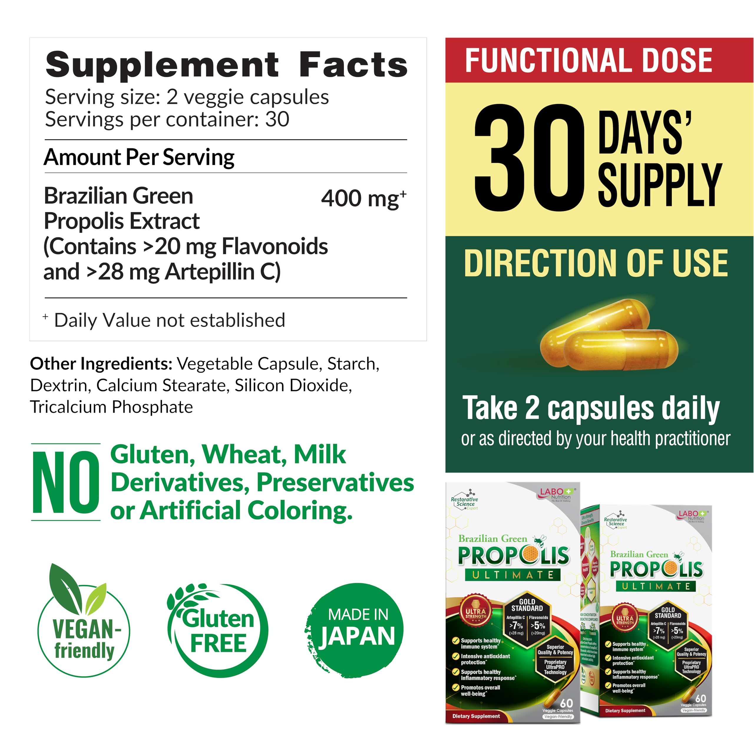 LABO Nutrition Brazilian Green Propolis Ultimate – 28 mg Artepillin C, 20 mg Flavonoids, 60 Veg Caps (three-pack)