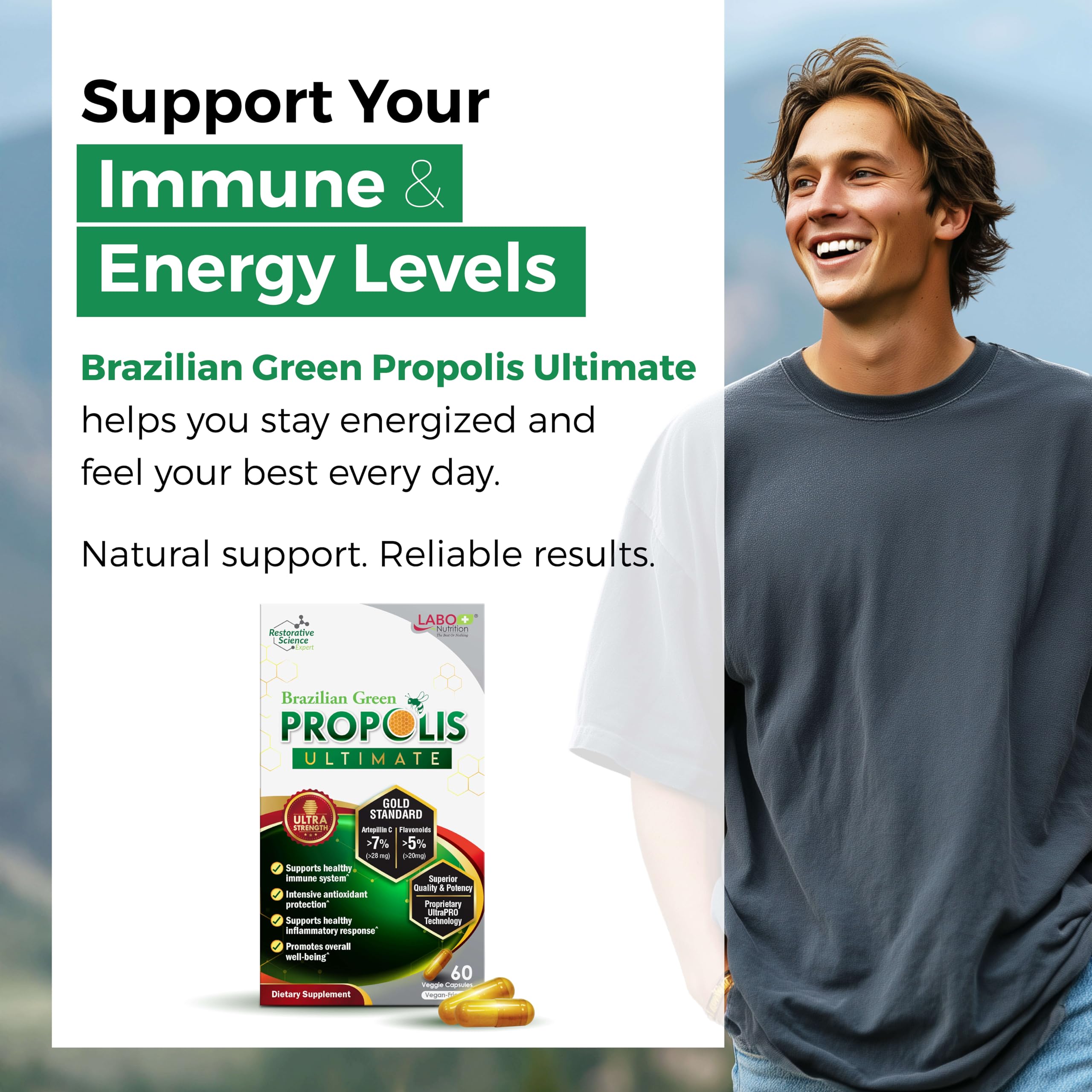 LABO Nutrition Brazilian Green Propolis Ultimate – 28 mg Artepillin C, 20 mg Flavonoids, 60 Veg Caps (three-pack)