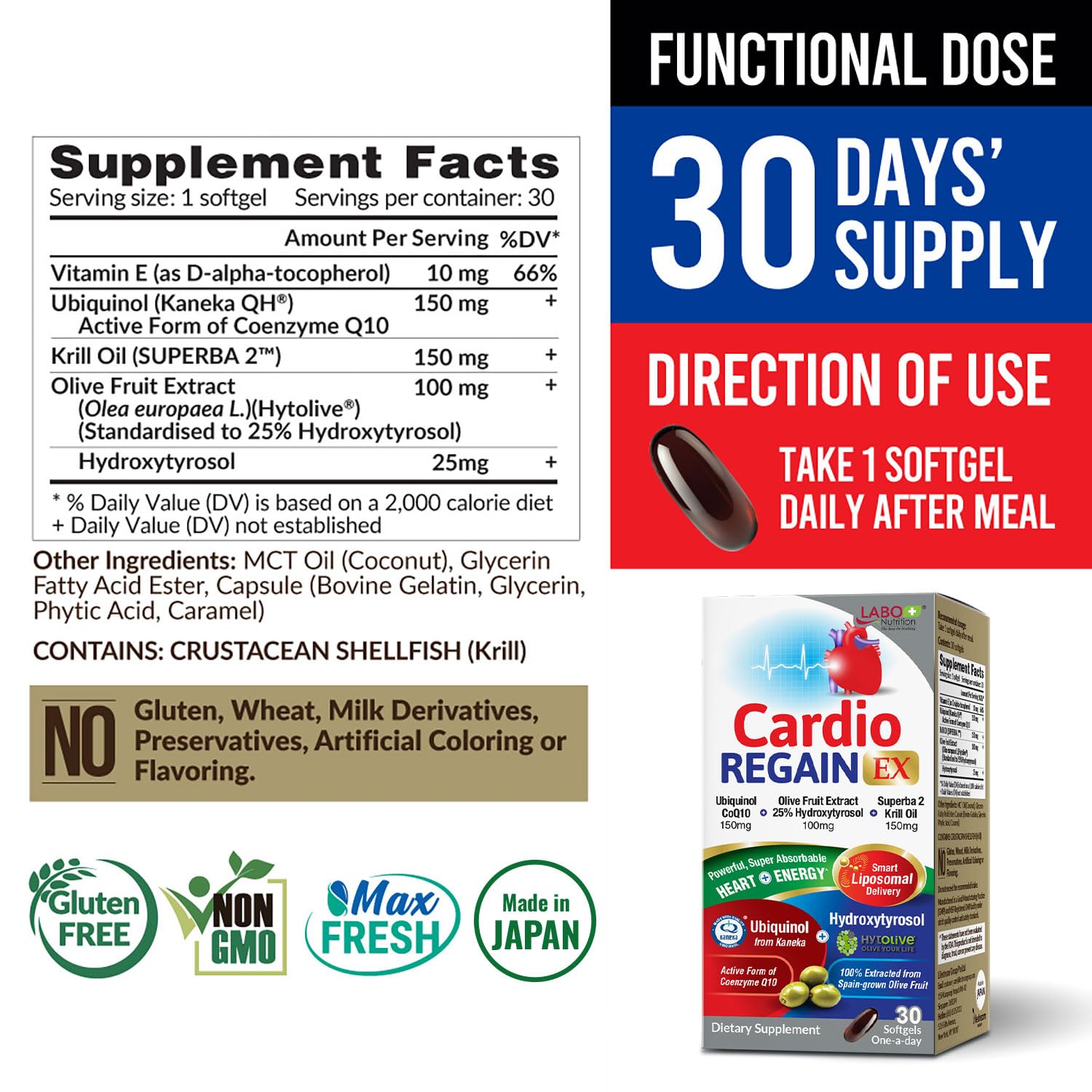 LABO Nutrition CardioREGAIN EX – Ubiquinol CoQ10 150mg, Olive Fruit Extract & Krill Oil for Heart Health | Non-GMO, Soy-Free