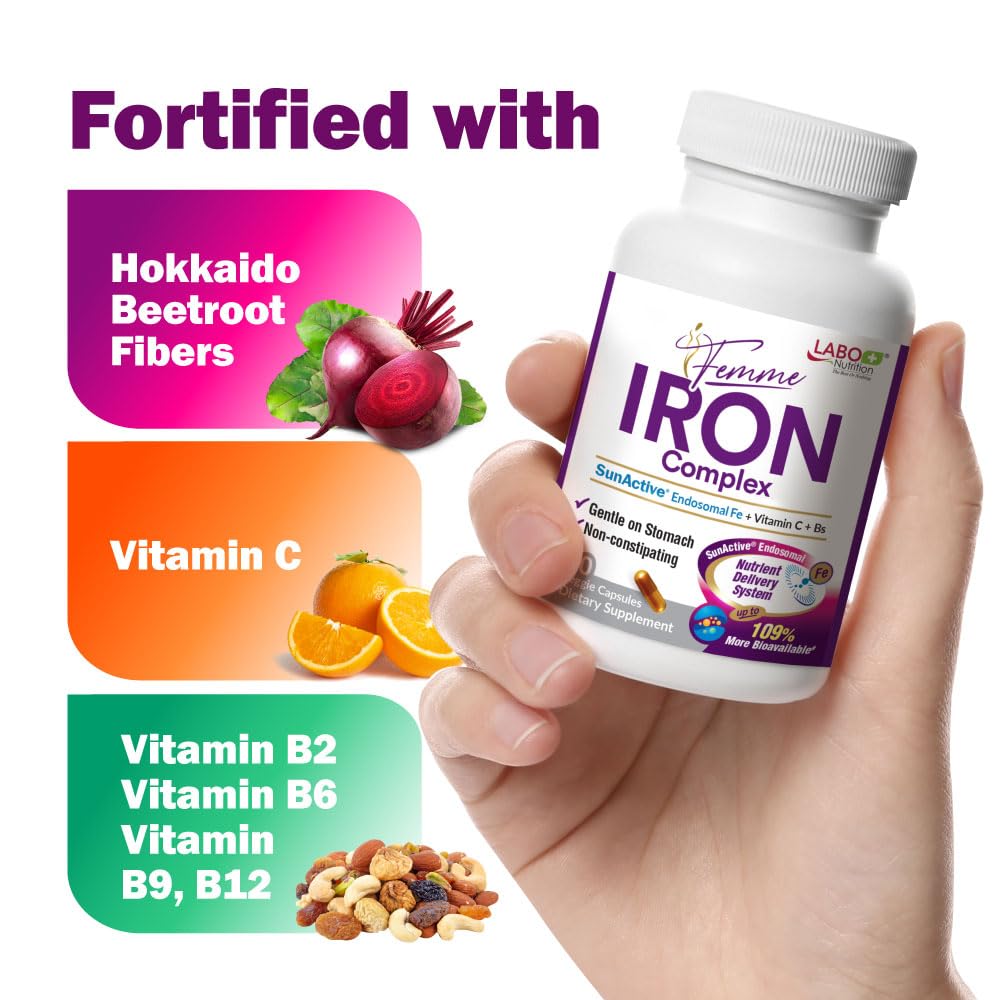 LABO Nutrition Femme Iron Endosomal SunActive – Gentle 15mg Vegan Iron Supplement for Blood Builder (90 Count)